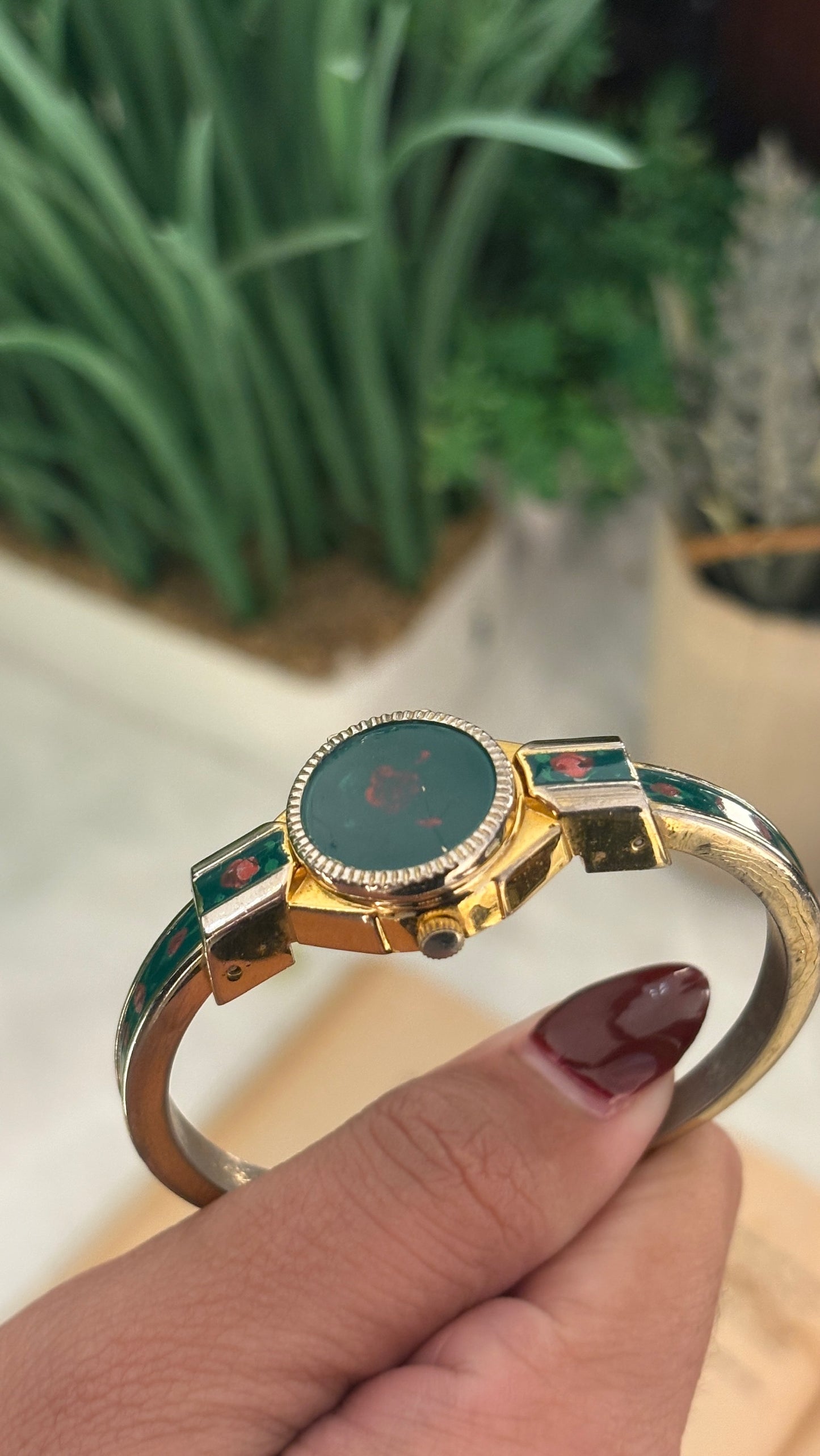 Rare Vintage Krone Green Peekaboo Watch in Gold Tone Quartz