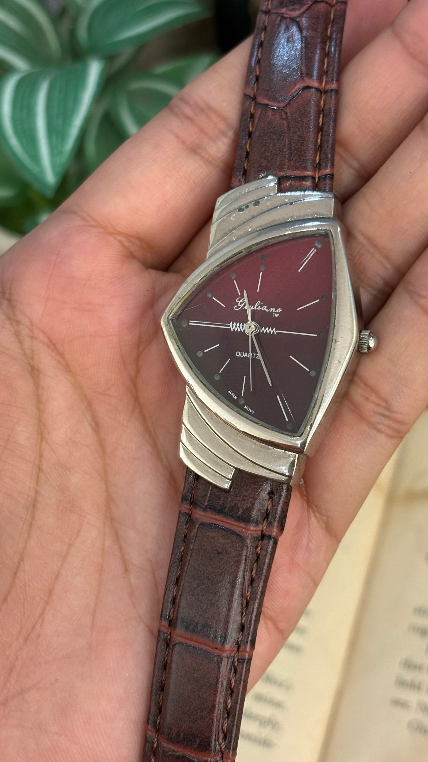 Vintage Giuliano Burgundy Half Moon Watch in Brown Leather Straps