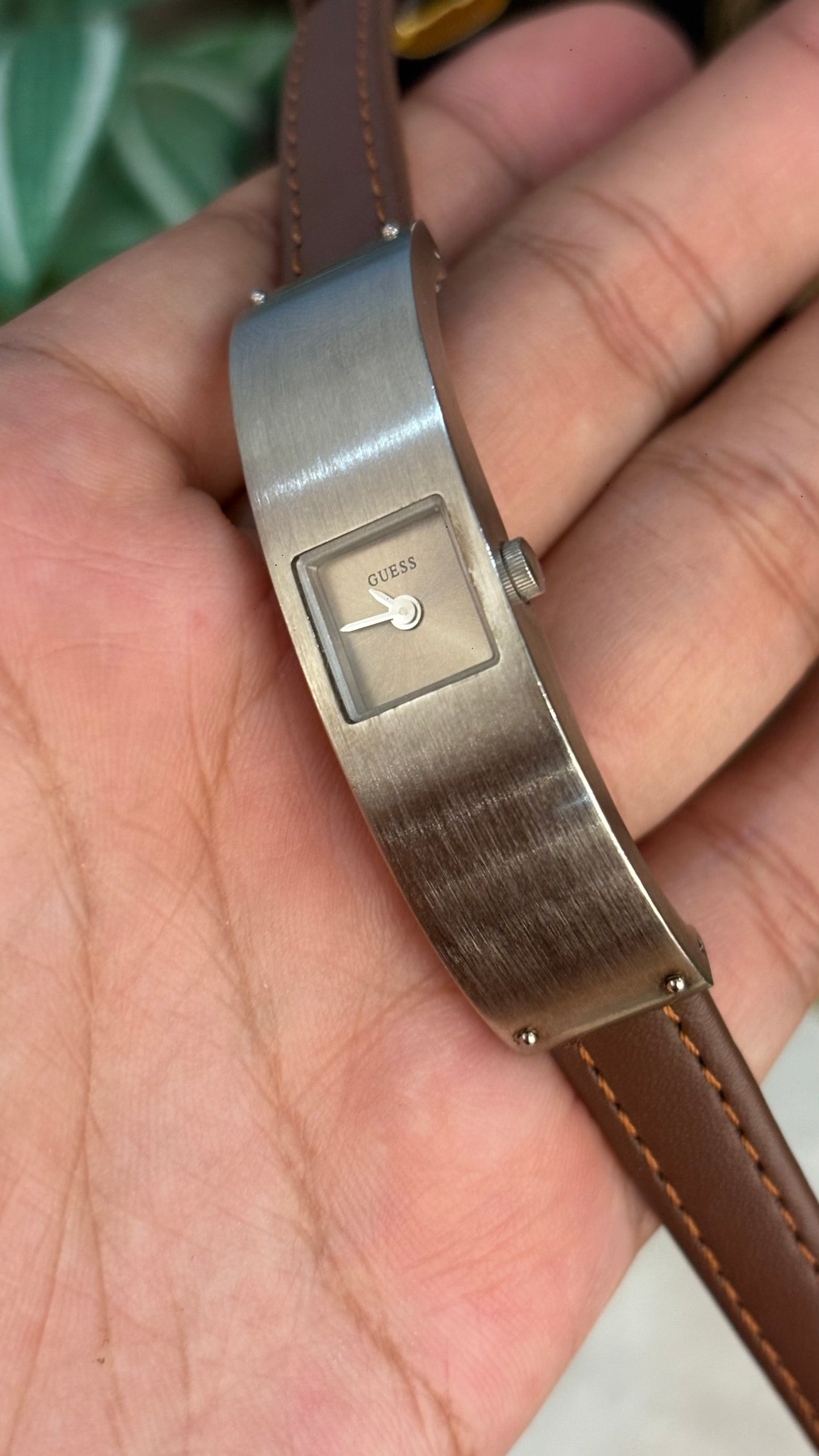 Vintage Guess Semi-Bangle Watch in Brown Leather Straps