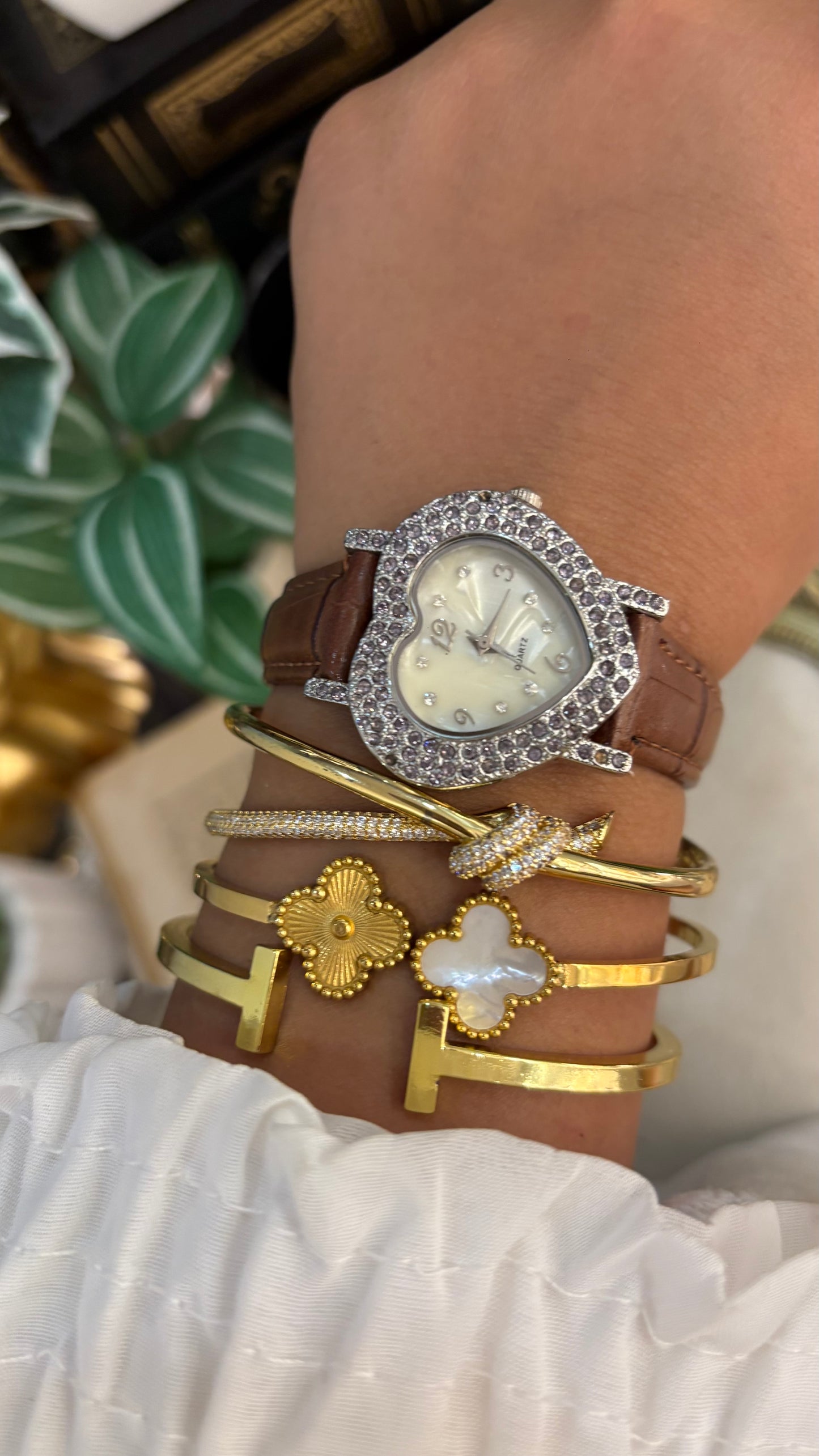 Vintage Bejeweled Heart Watch in Brown Leather Straps Mother of Pearl Dial