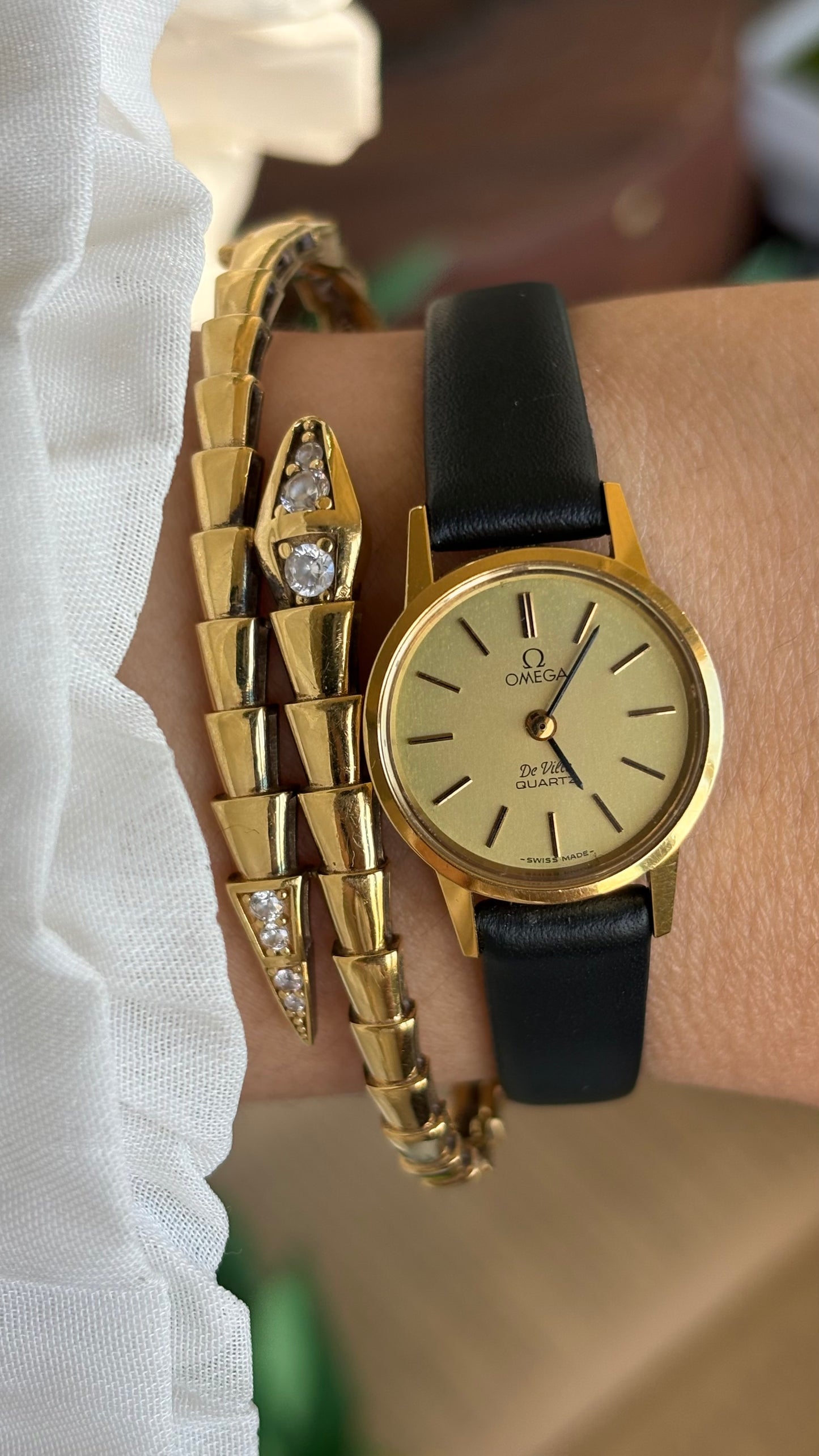 Vintage Omega De Ville Women's Dress Watch in Black Leather Strap Original Buckle