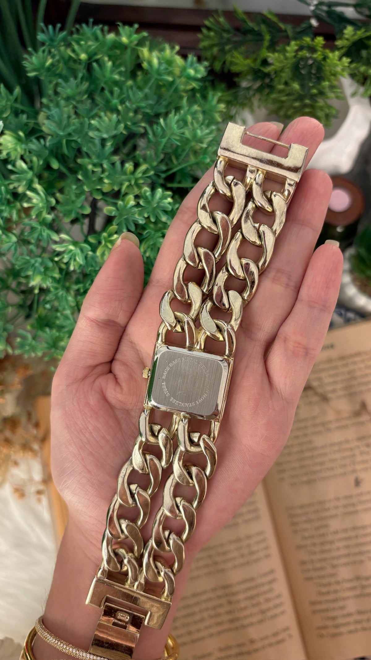 Vintage Japan Chain Horizontal Tank Bracelet Watch in Gold Tone Quartz