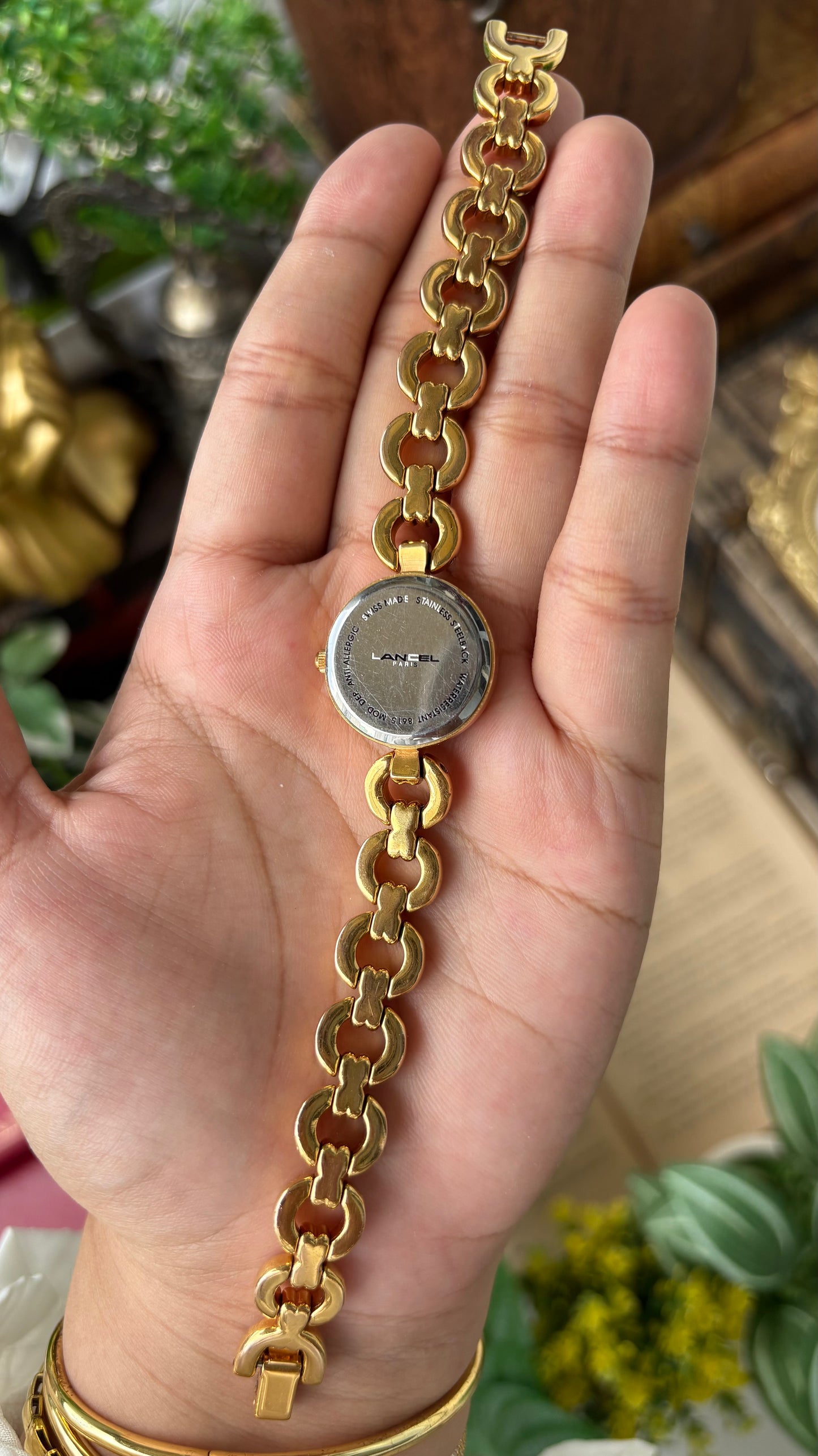 Extremely Rare Vintage Lancel Paris Swiss Chain Bracelet Watch in Gold Tone Rhinestone Black Dial Quartz