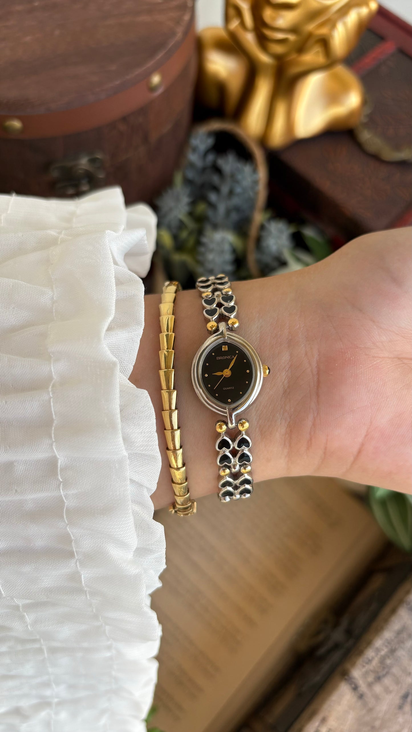 Rare Vintage Bronica Japan Almond Shape Watch in Two-Tone Heart Straps