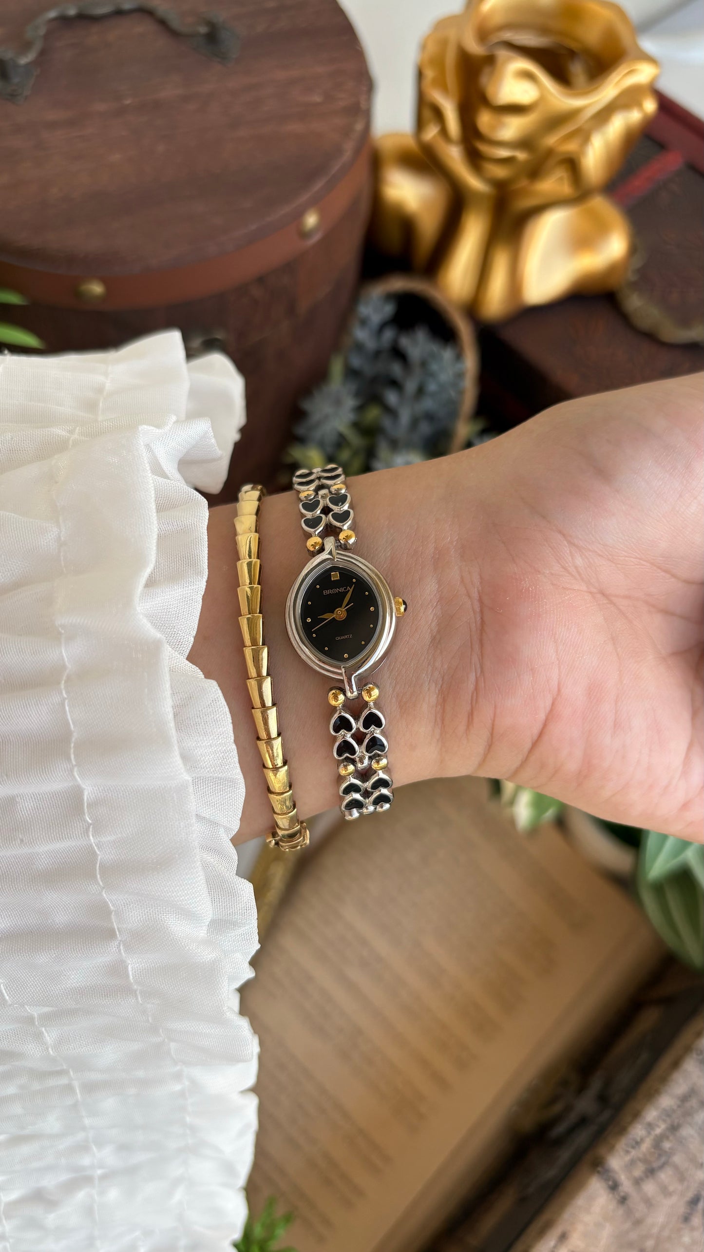 Rare Vintage Bronica Japan Almond Shape Watch in Two-Tone Heart Straps