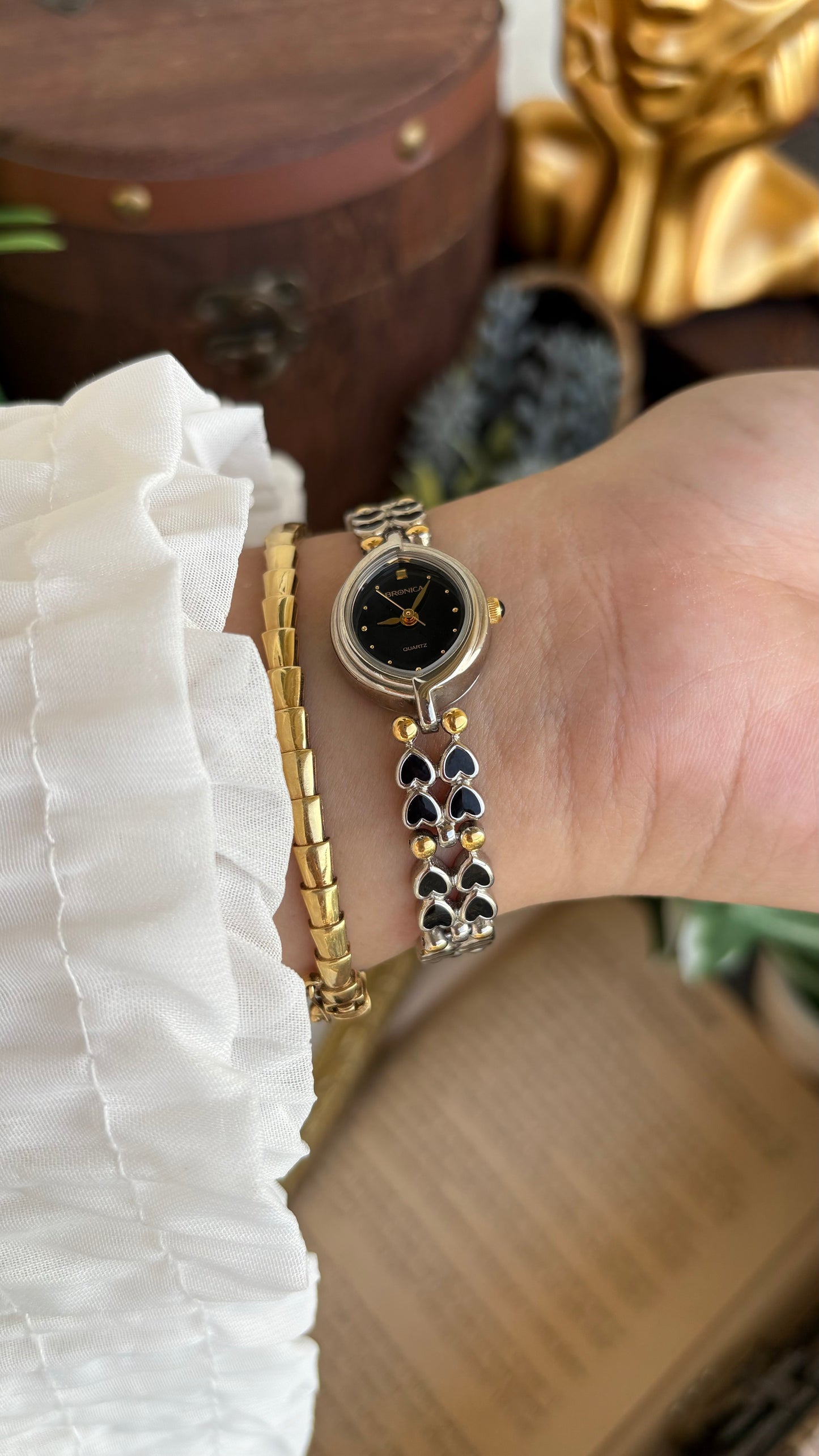 Rare Vintage Bronica Japan Almond Shape Watch in Two-Tone Heart Straps