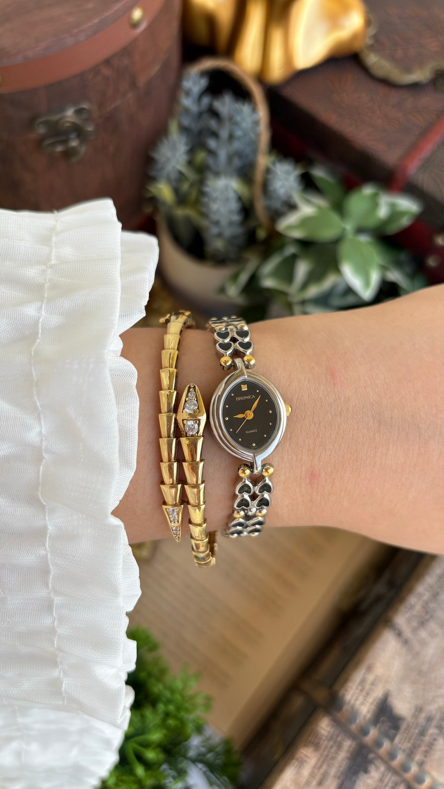 Rare Vintage Bronica Japan Almond Shape Watch in Two-Tone Heart Straps