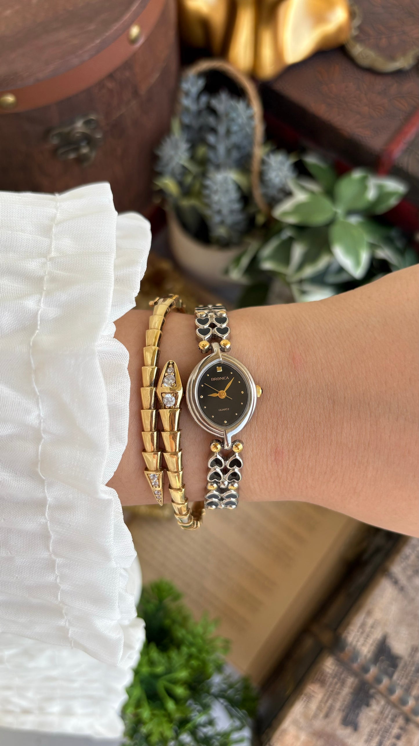 Rare Vintage Bronica Japan Almond Shape Watch in Two-Tone Heart Straps