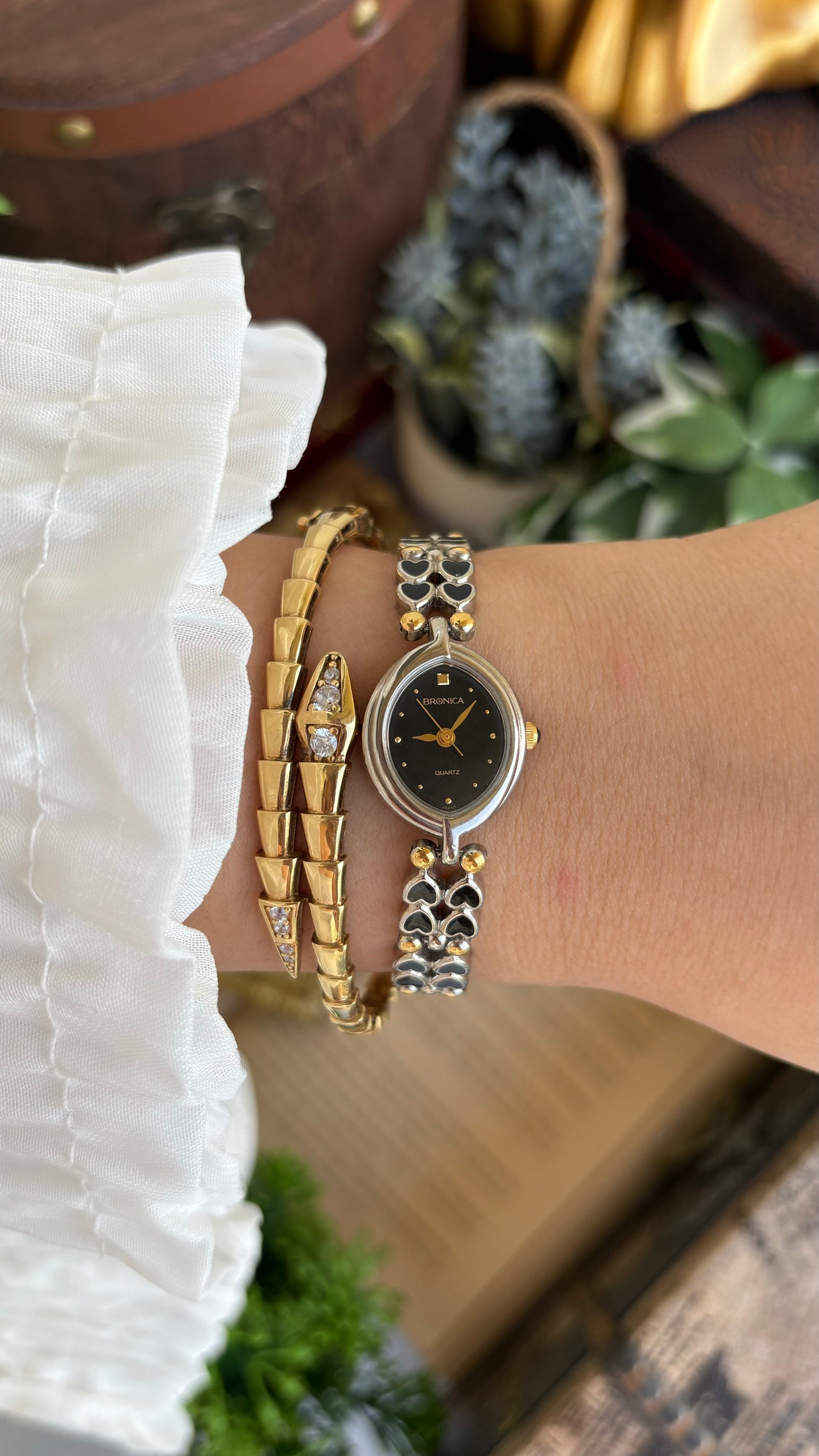 Rare Vintage Bronica Japan Almond Shape Watch in Two-Tone Heart Straps