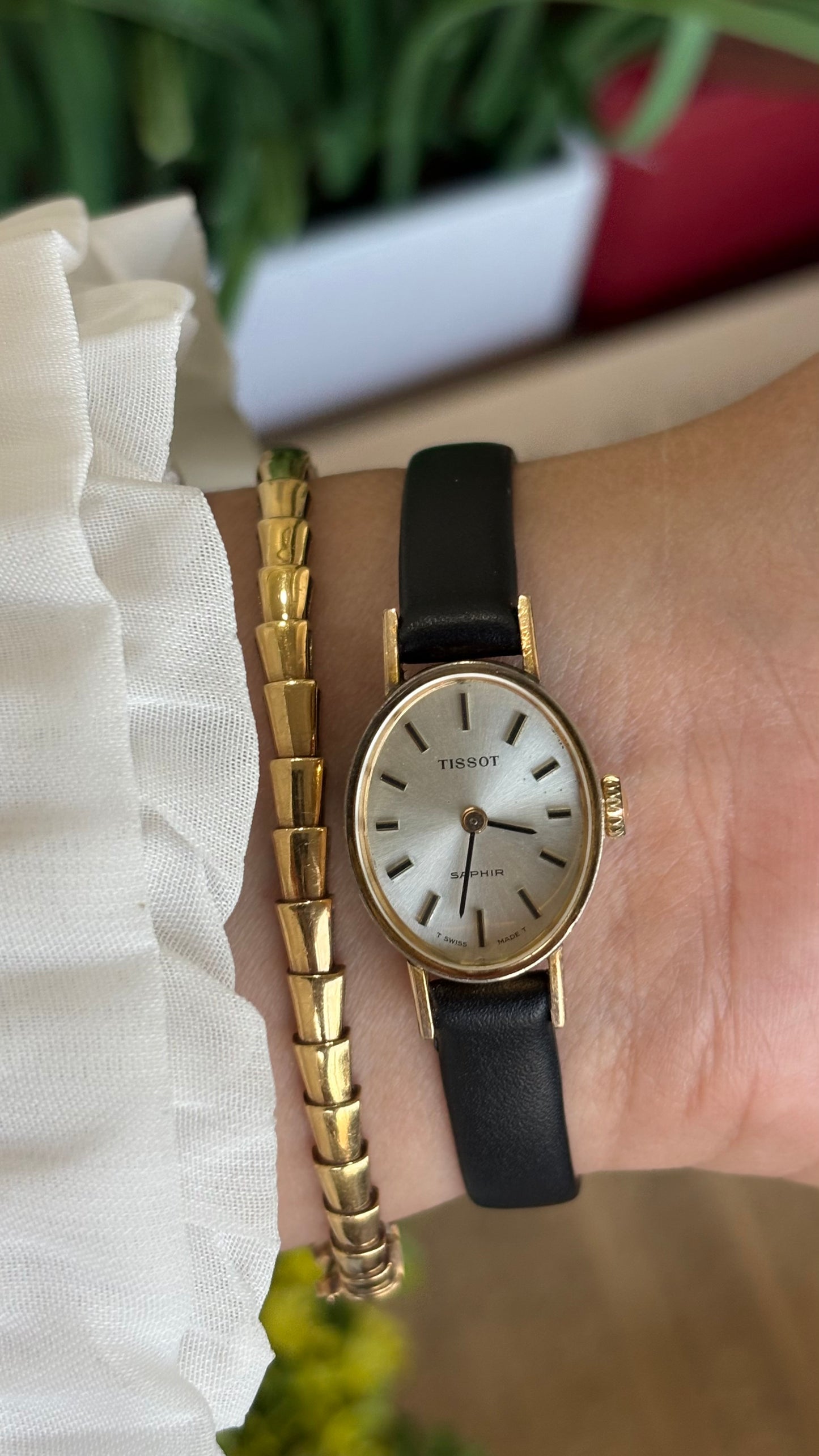 Vintage Tissot Watch in Leather Strap Dainty Oval Face Sapphire Glass
