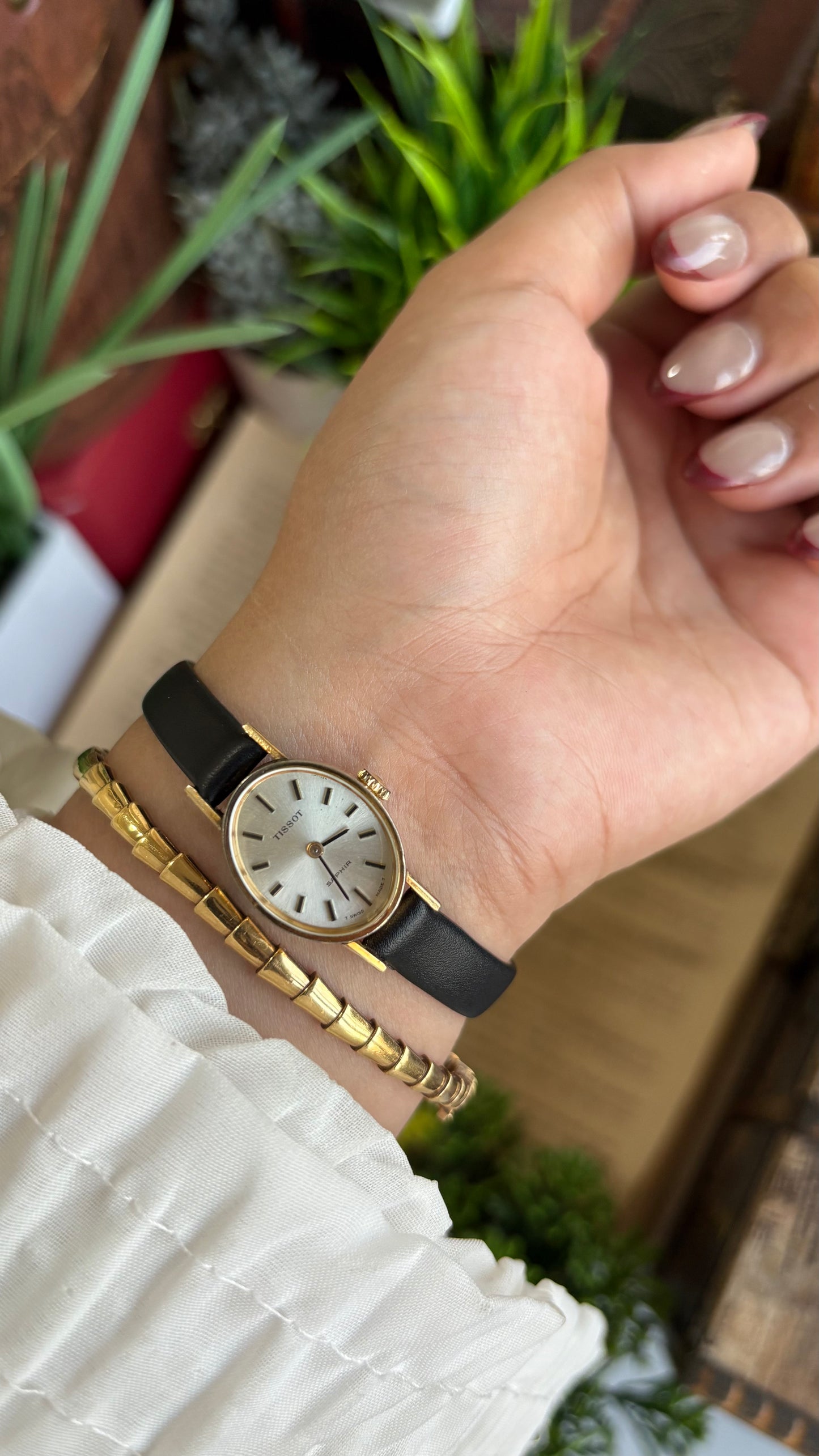 Vintage Tissot Watch in Leather Strap Dainty Oval Face Sapphire Glass