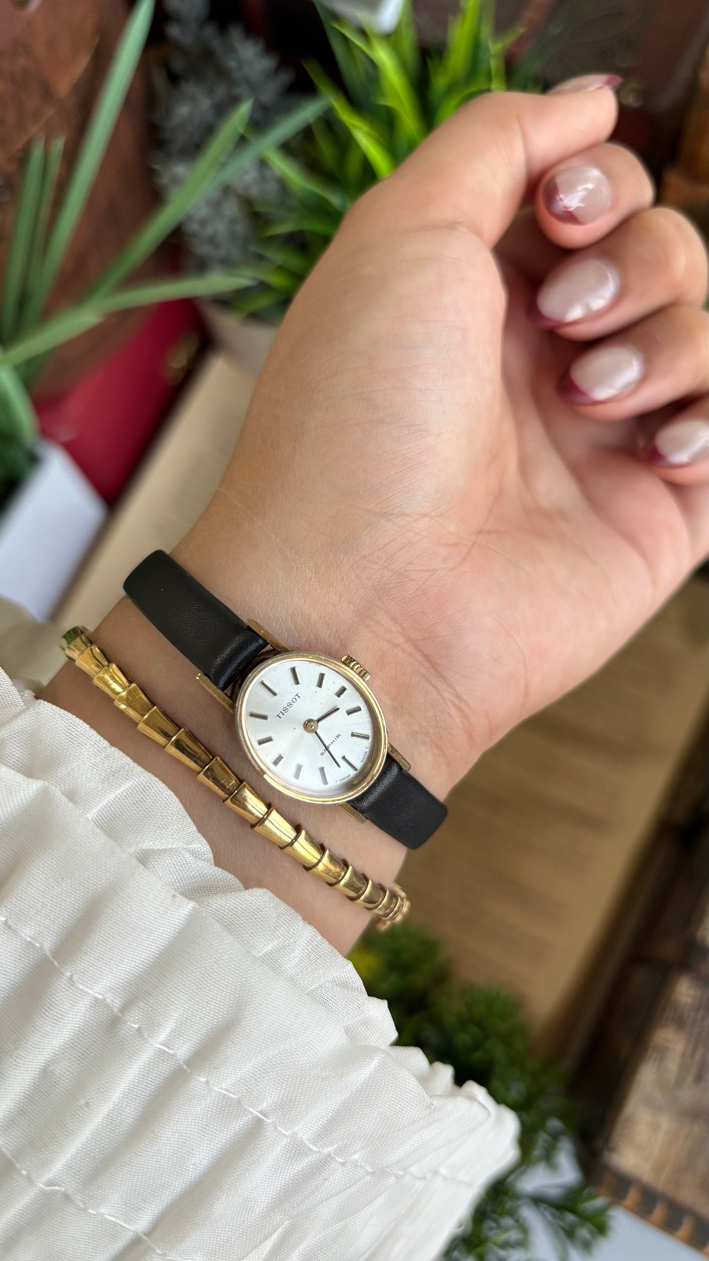 Vintage Tissot Watch in Leather Strap Dainty Oval Face Sapphire Glass