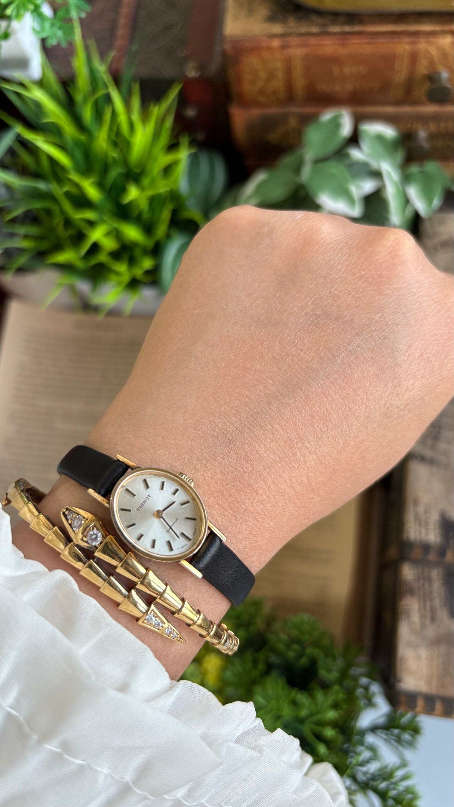 Vintage Tissot Watch in Leather Strap Dainty Oval Face Sapphire Glass
