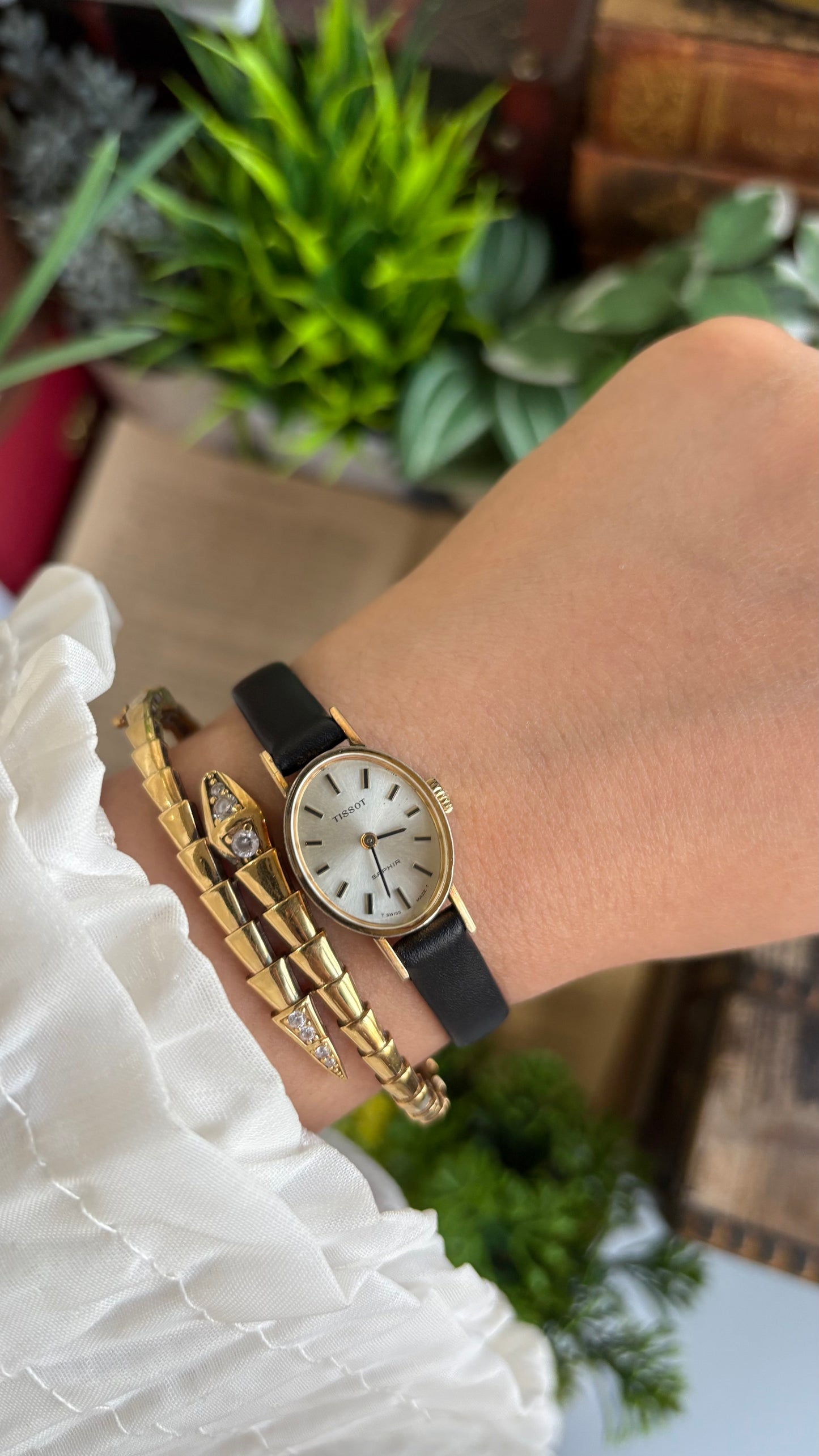 Vintage Tissot Watch in Leather Strap Dainty Oval Face Sapphire Glass