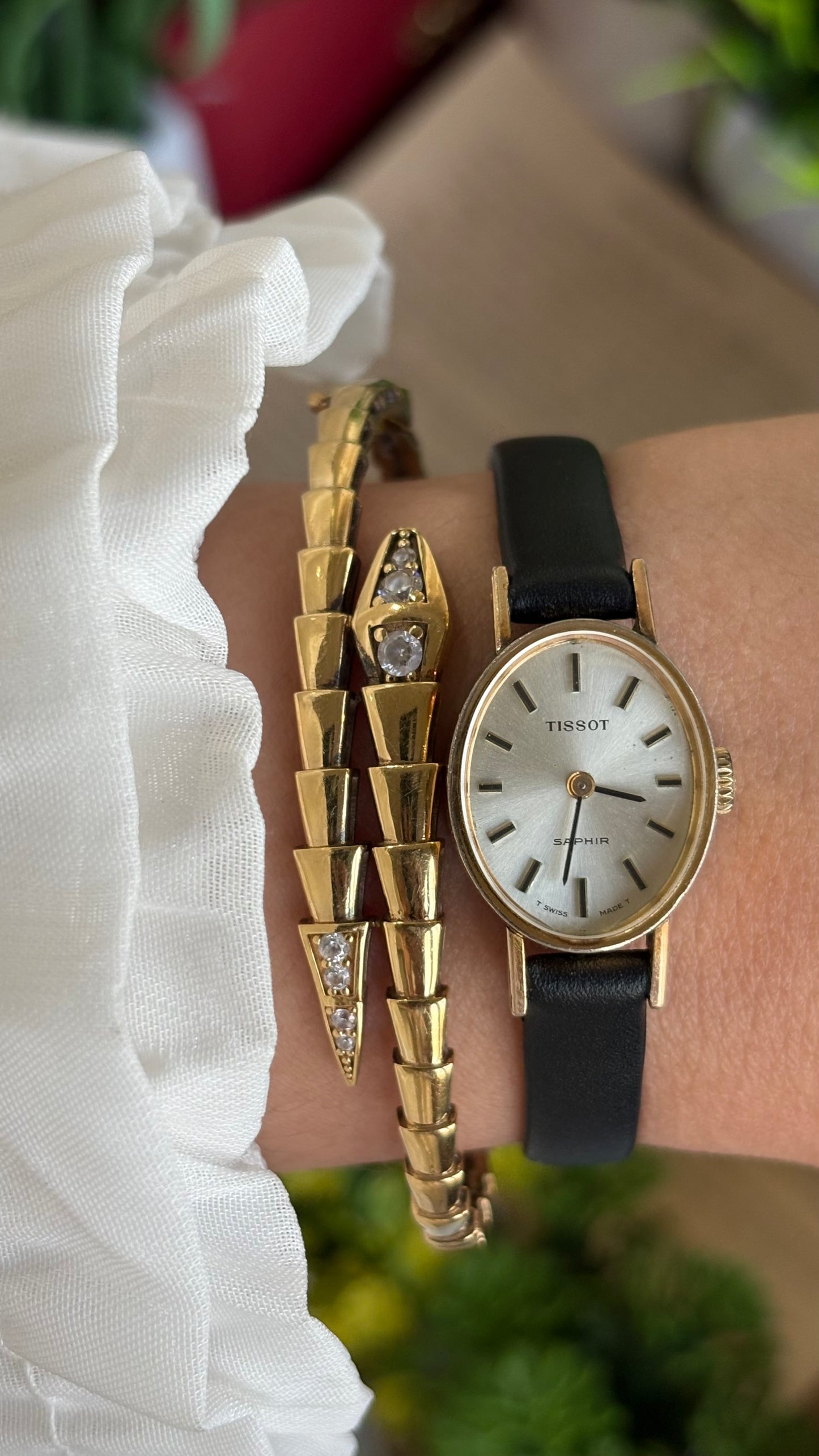 Vintage Tissot Watch in Leather Strap Dainty Oval Face Sapphire Glass