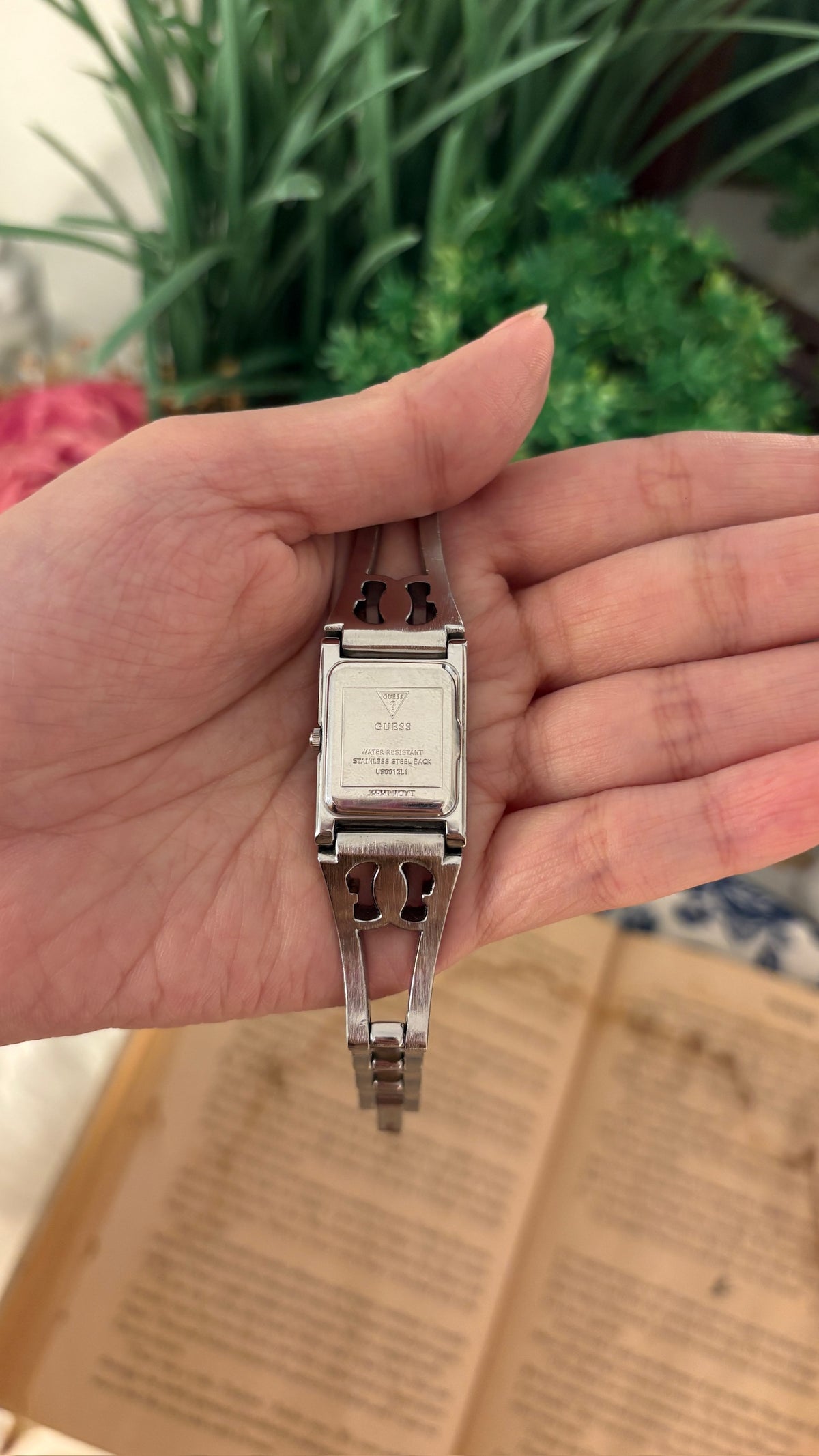 Rare Vintage Guess Rhinestone Logo Accent Semi Bangle Watch in Silver Tone Quartz