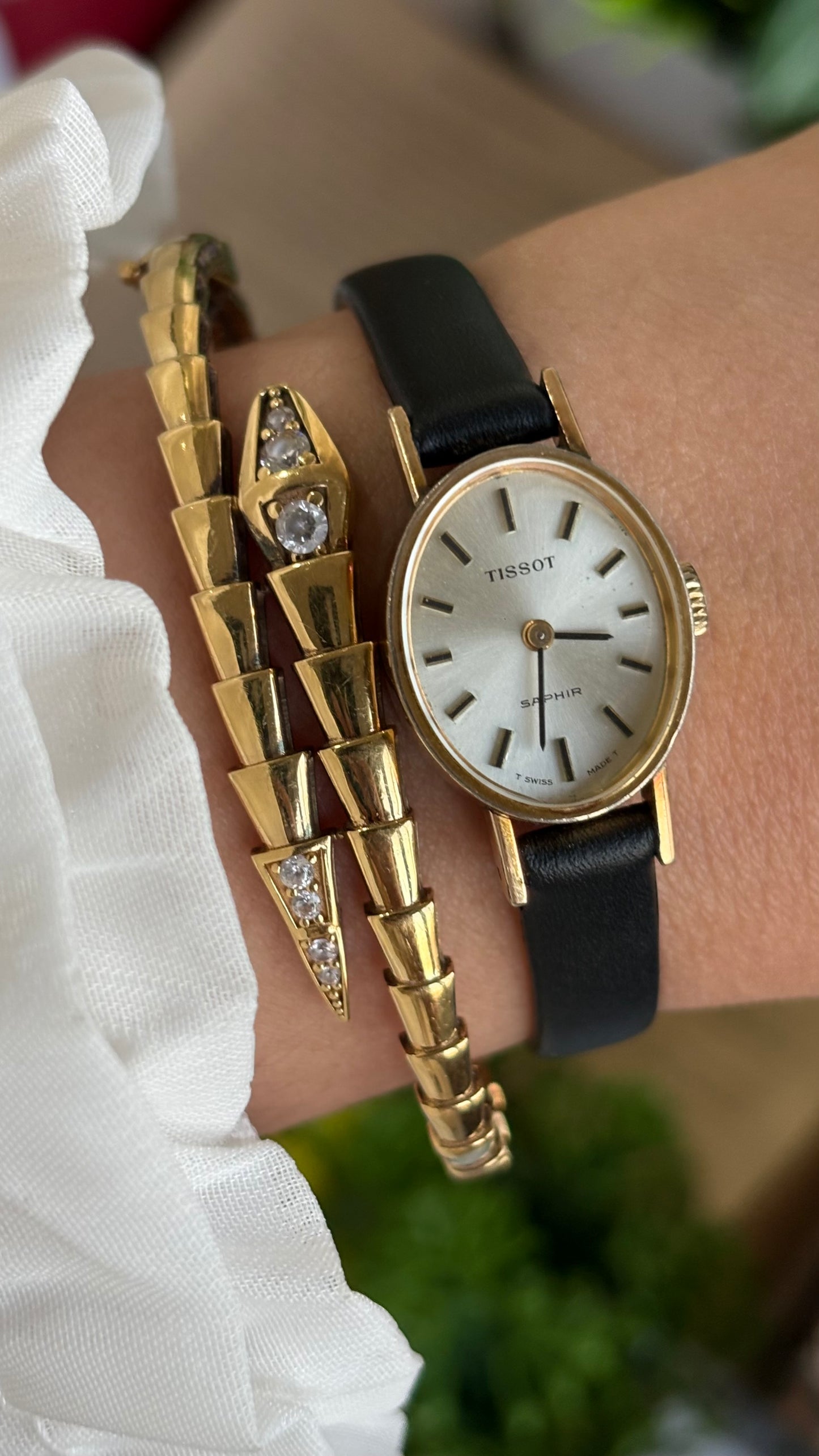 Vintage Tissot Watch in Leather Strap Dainty Oval Face Sapphire Glass