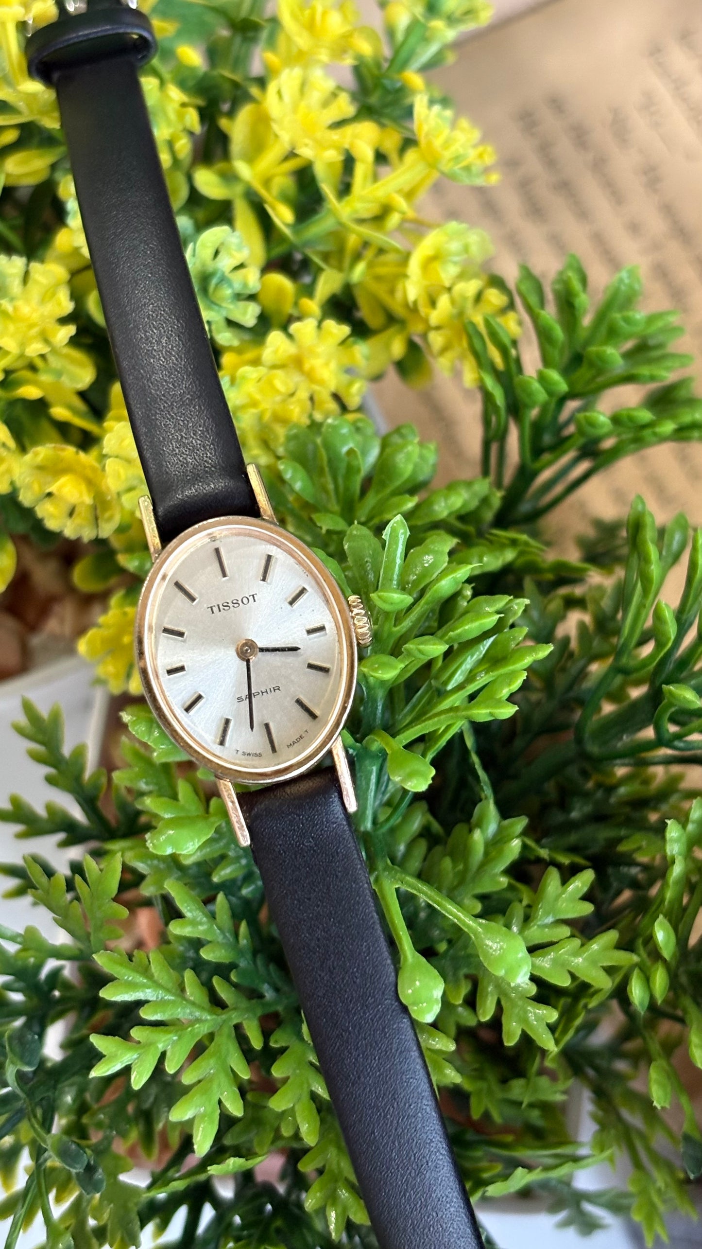Vintage Tissot Watch in Leather Strap Dainty Oval Face Sapphire Glass
