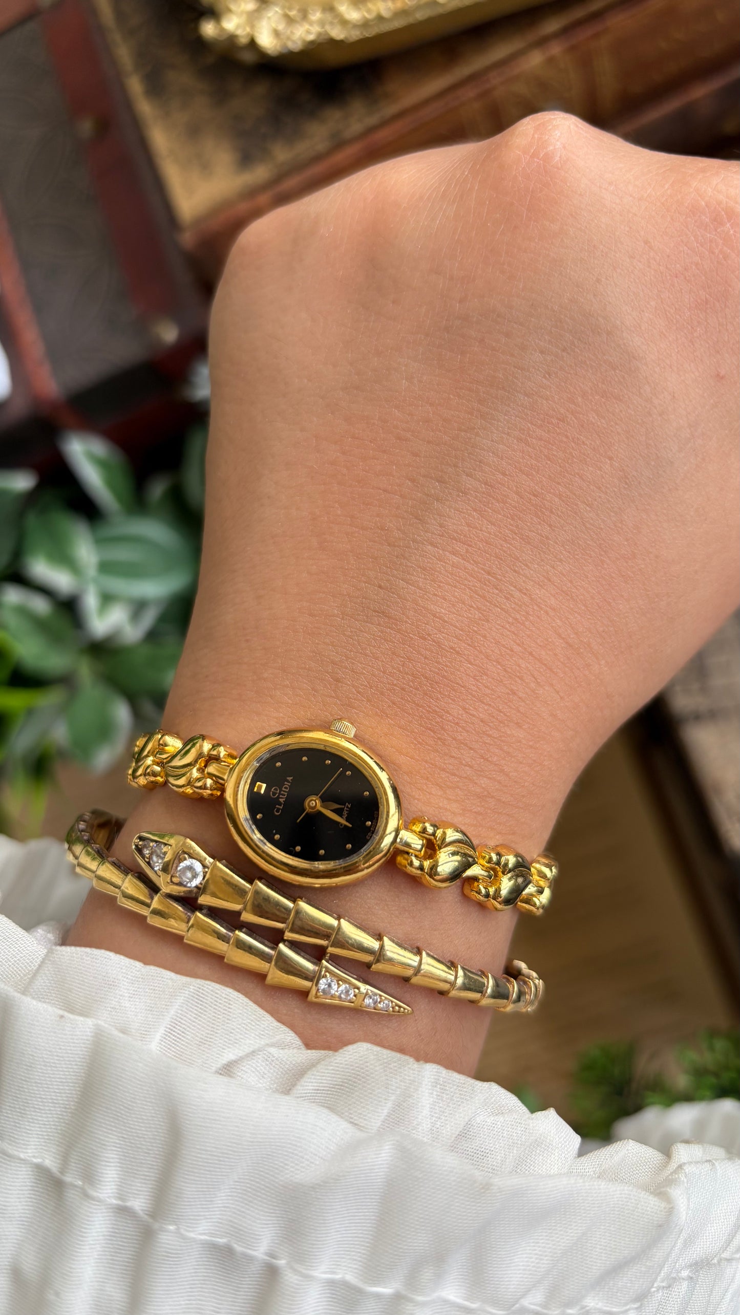 Vintage Claudia Watch in Gold Tone Black Oval Dial Heart Straps