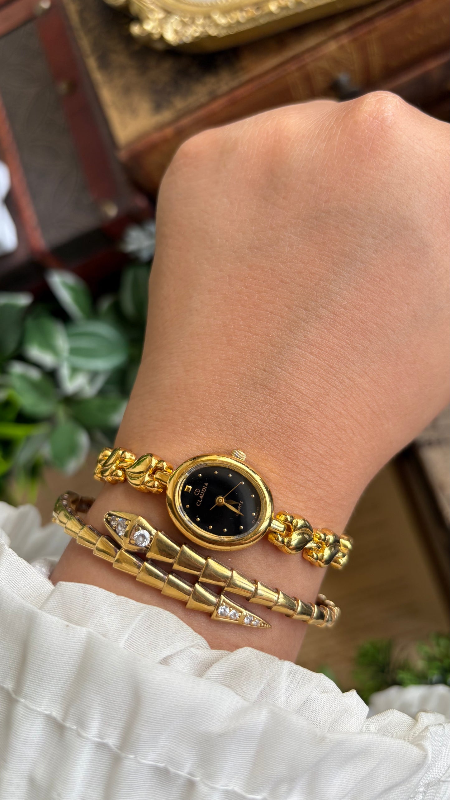 Vintage Claudia Watch in Gold Tone Black Oval Dial Heart Straps