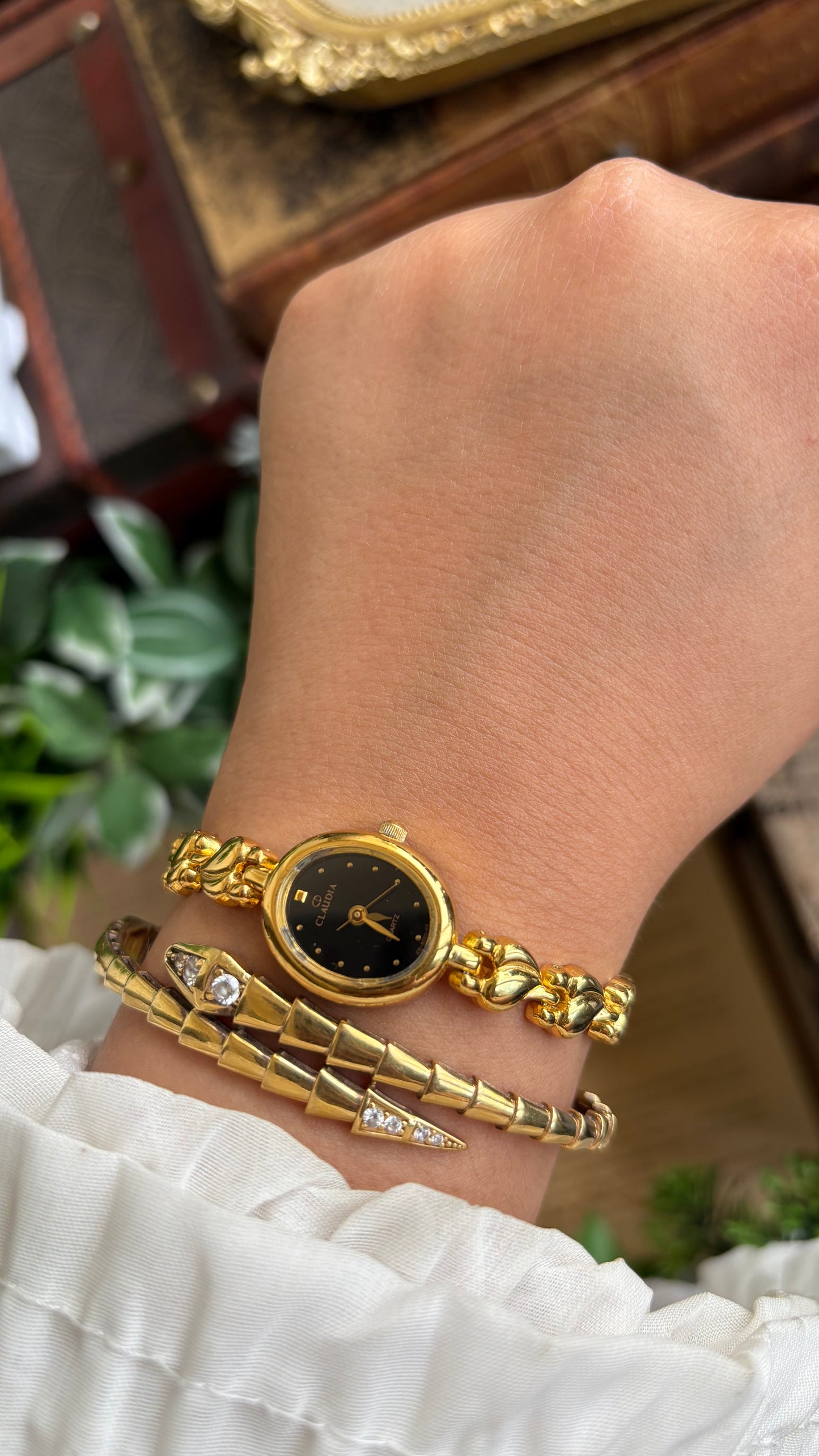 Vintage Claudia Watch in Gold Tone Black Oval Dial Heart Straps