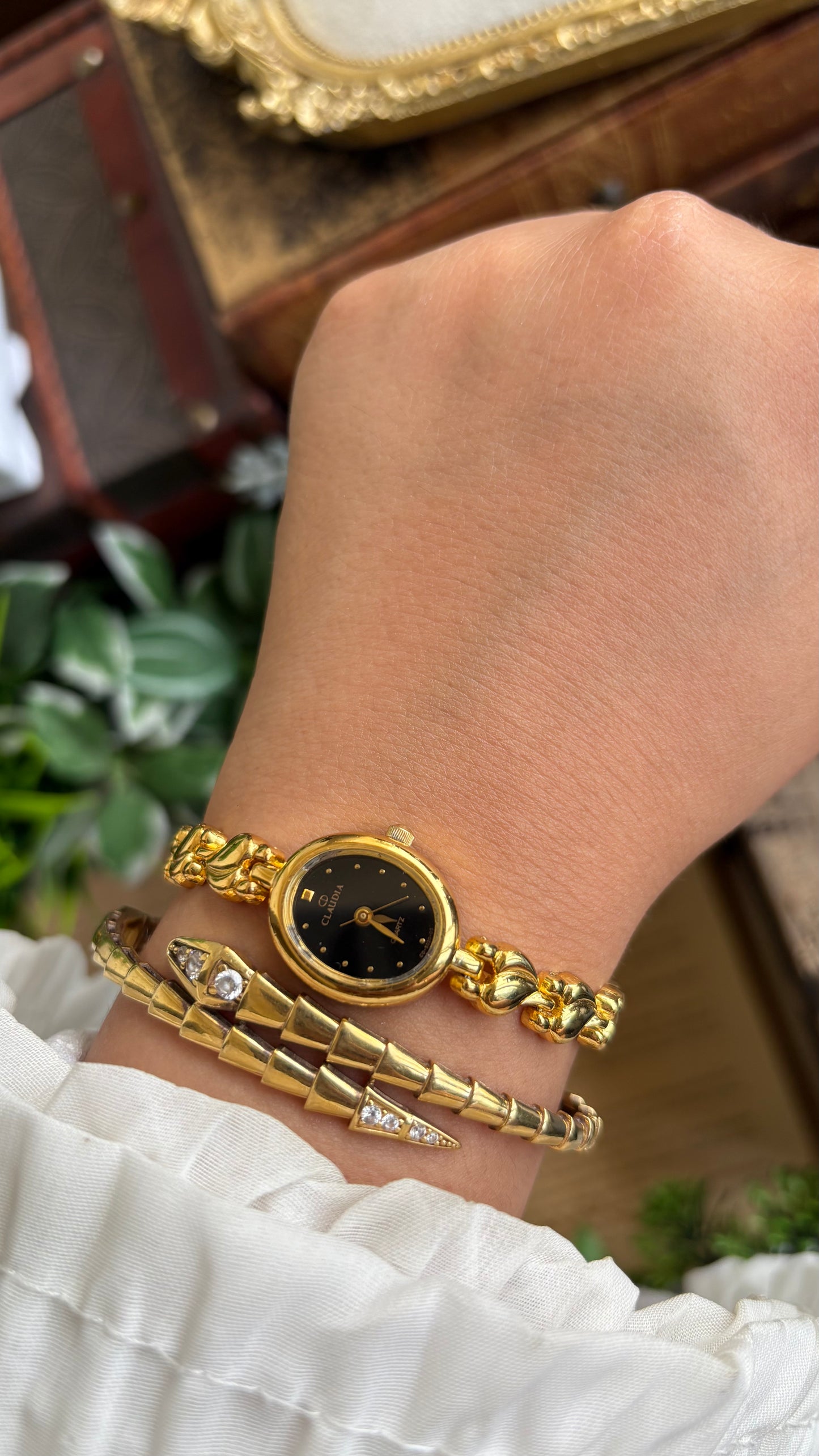 Vintage Claudia Watch in Gold Tone Black Oval Dial Heart Straps