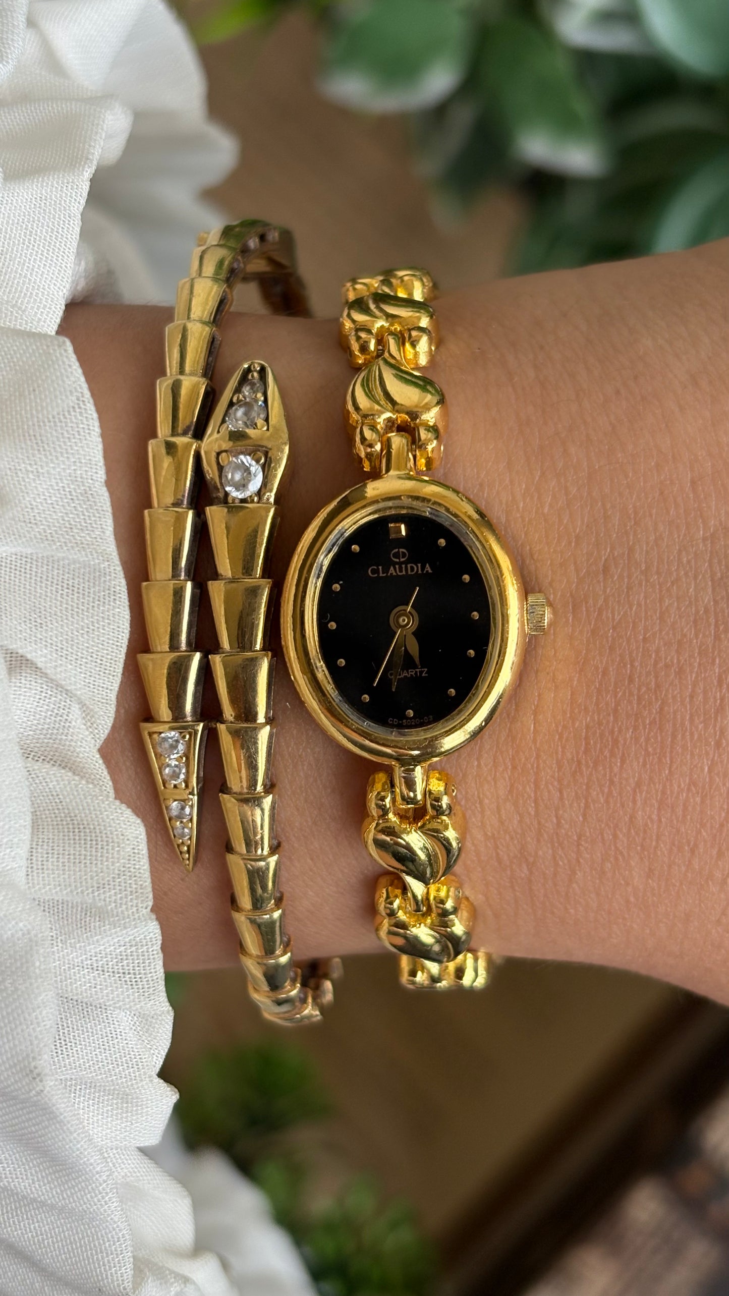 Vintage Claudia Watch in Gold Tone Black Oval Dial Heart Straps