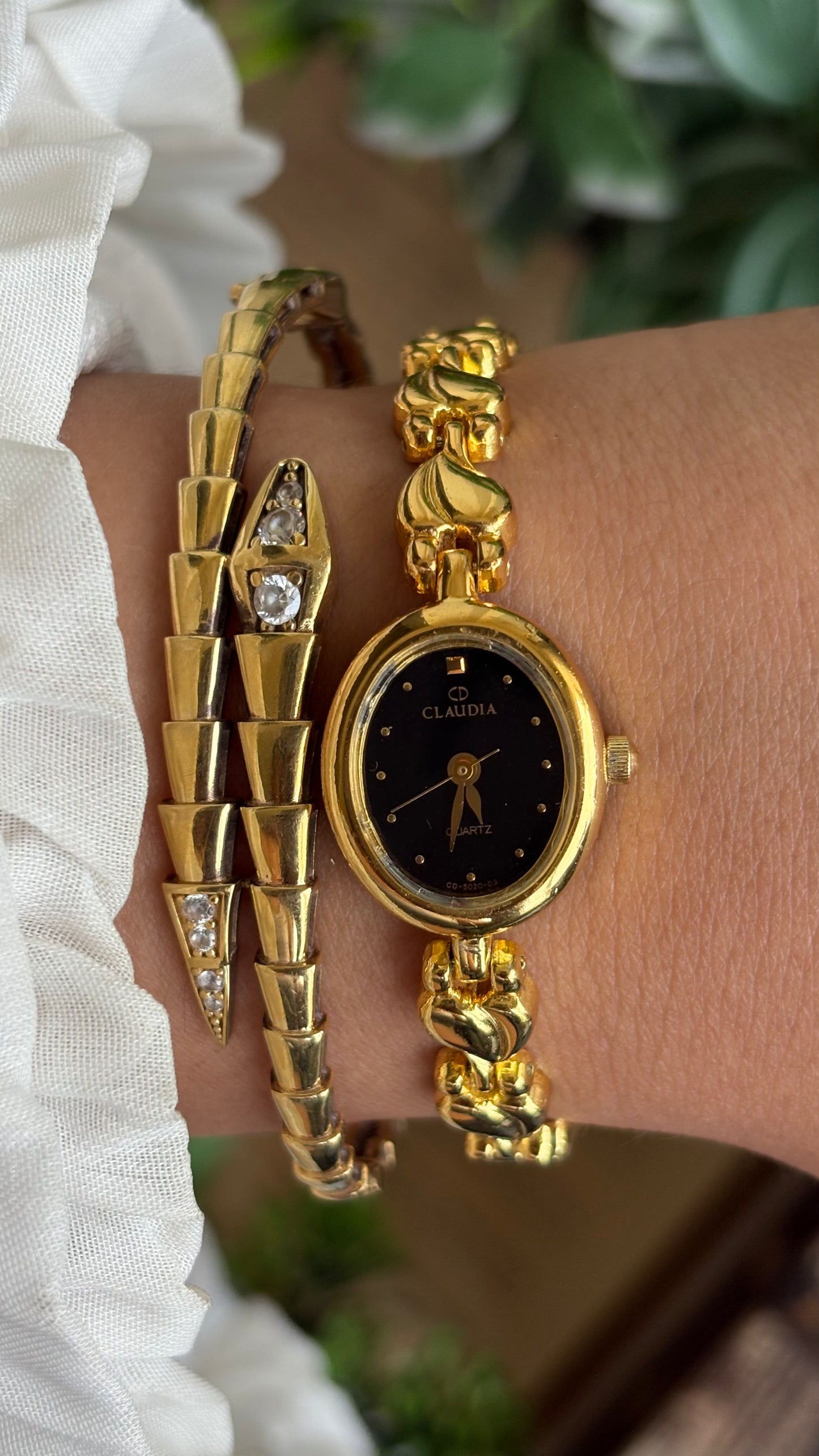 Vintage Claudia Watch in Gold Tone Black Oval Dial Heart Straps
