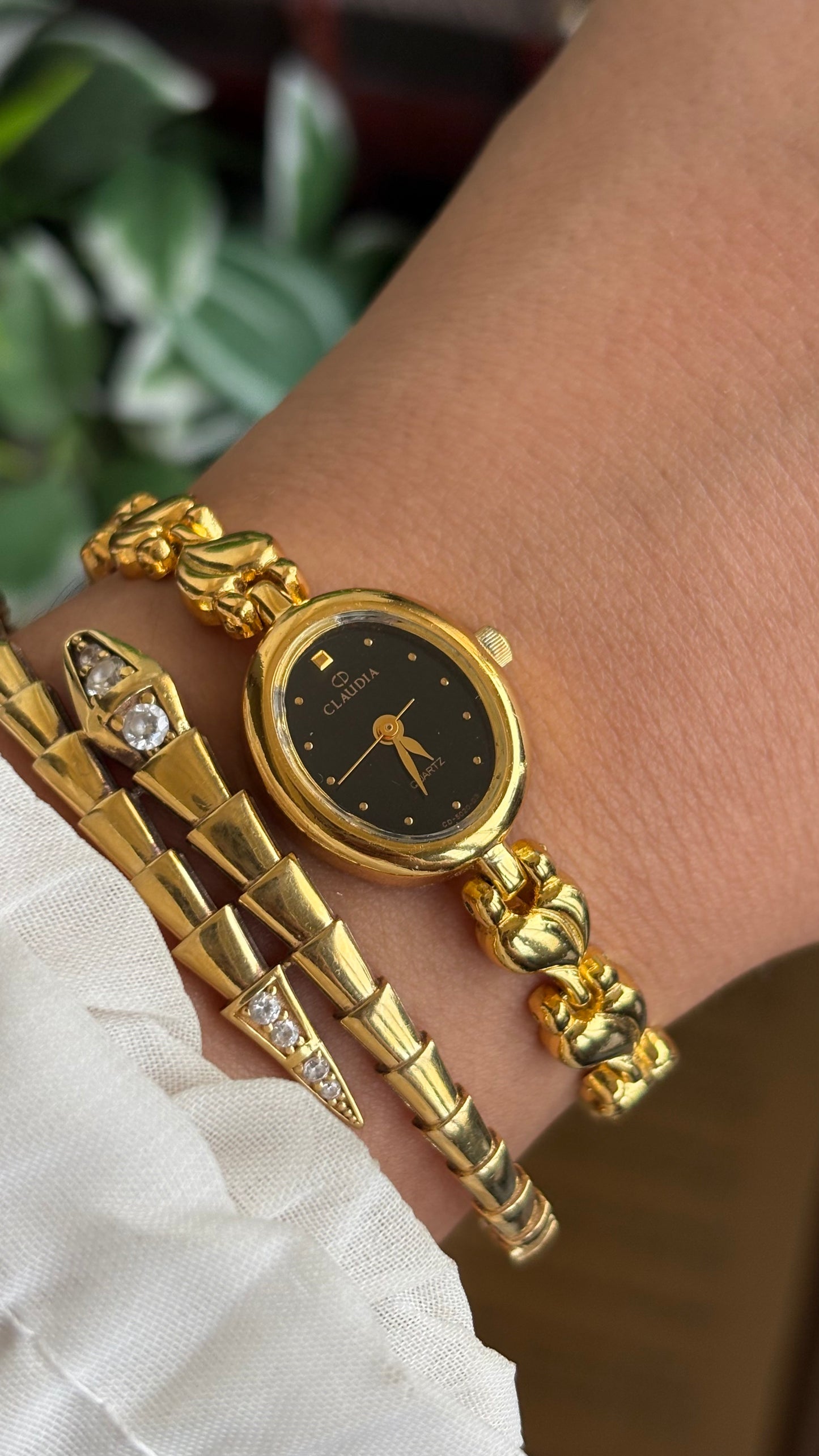 Vintage Claudia Watch in Gold Tone Black Oval Dial Heart Straps