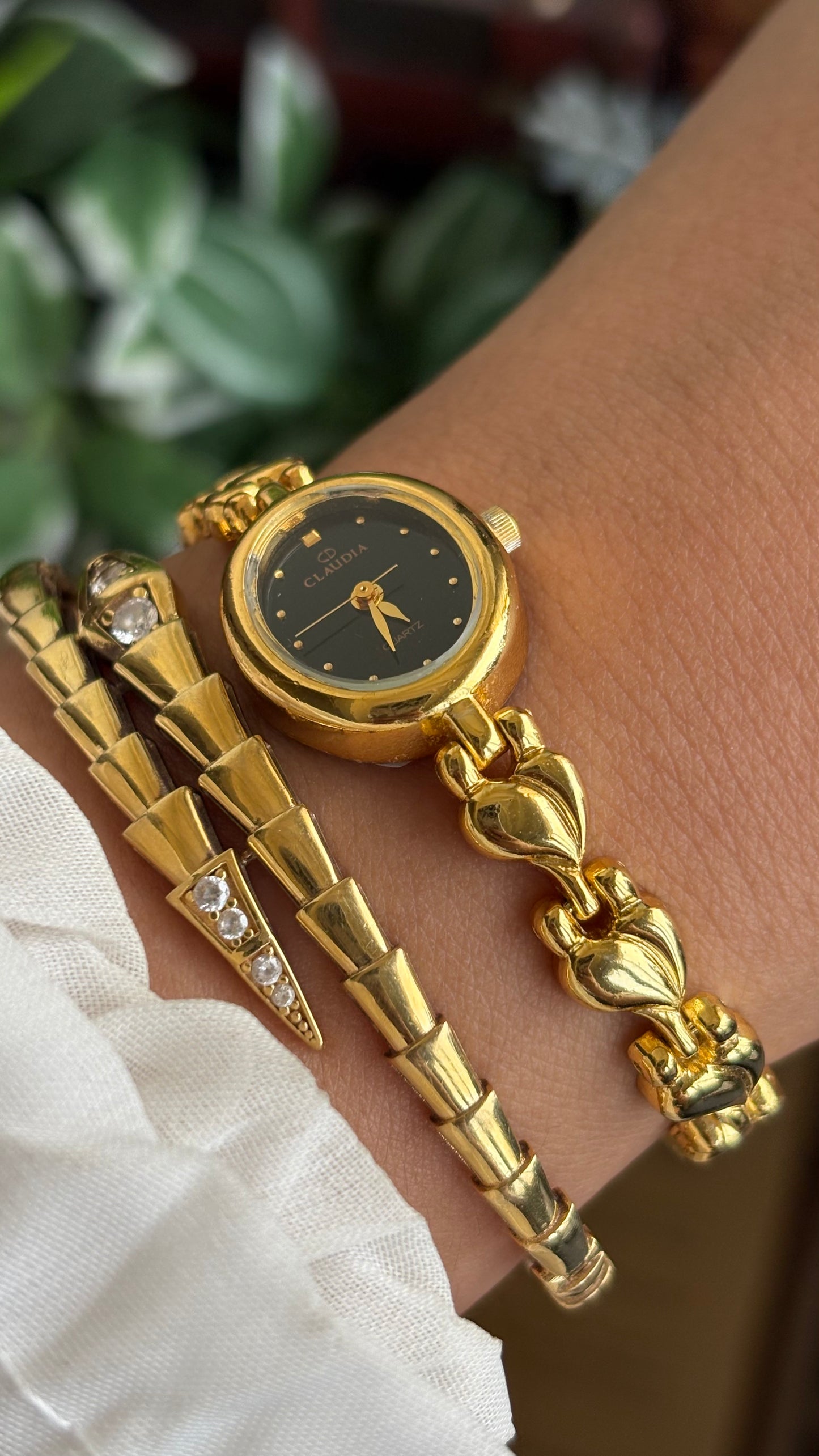 Vintage Claudia Watch in Gold Tone Black Oval Dial Heart Straps