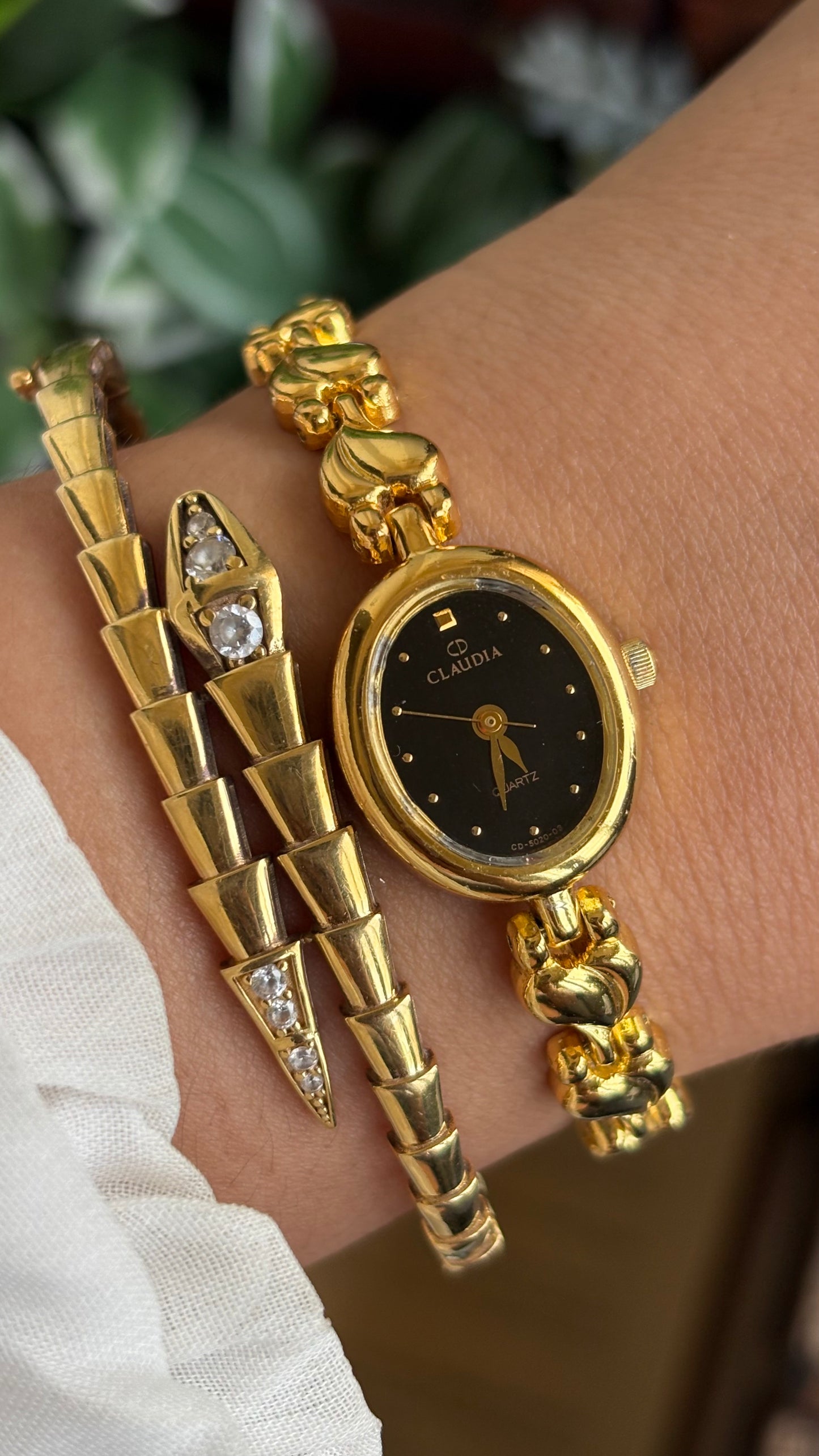 Vintage Claudia Watch in Gold Tone Black Oval Dial Heart Straps
