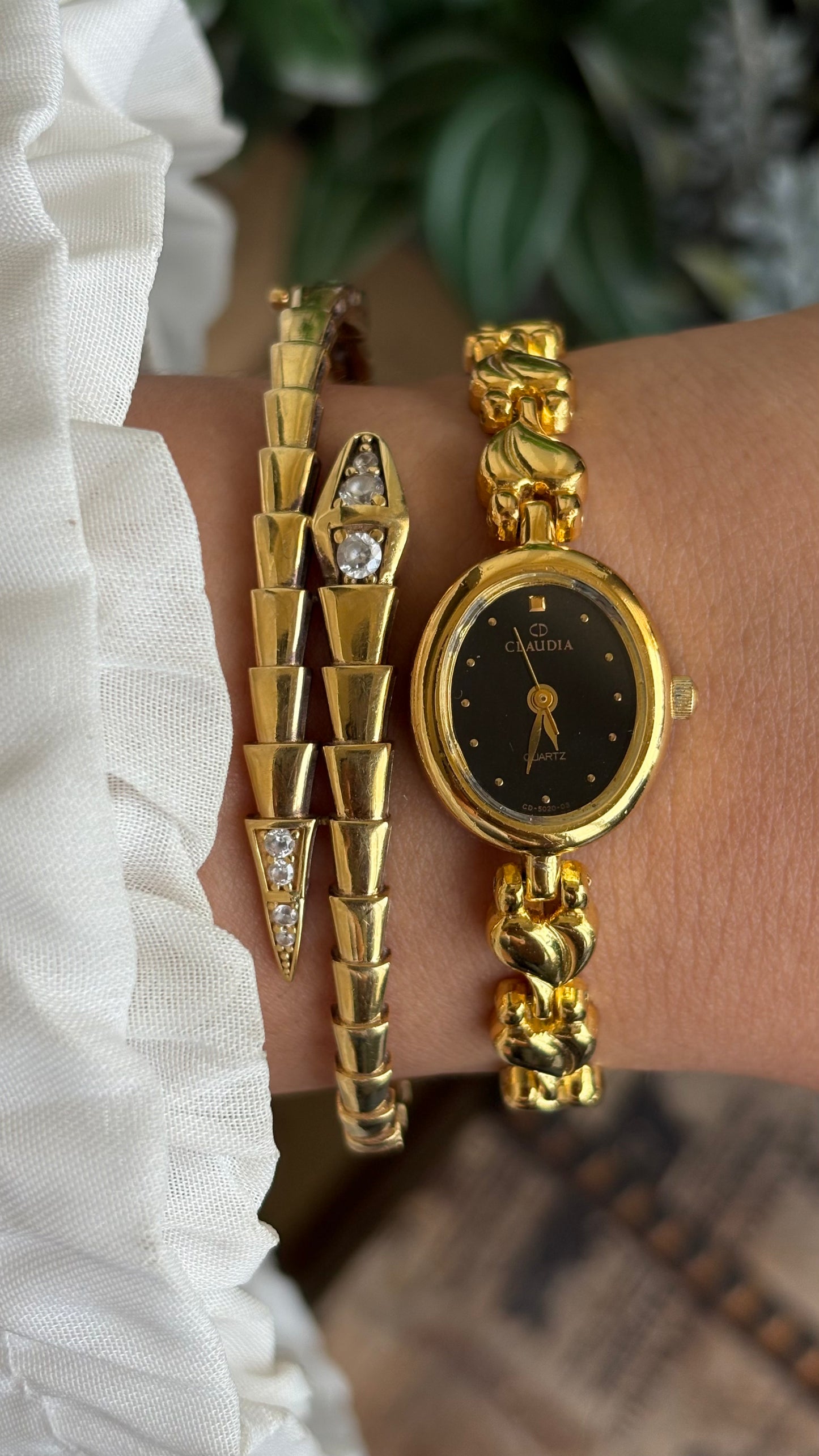 Vintage Claudia Watch in Gold Tone Black Oval Dial Heart Straps