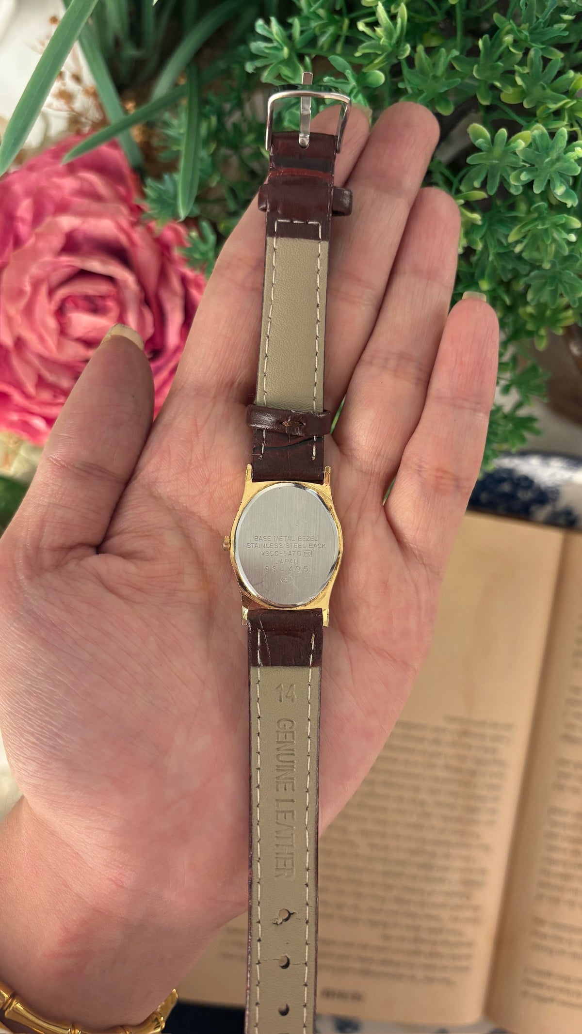 Vintage JF Oval Dial Watch in Gold Tone Brown Leather Quartz