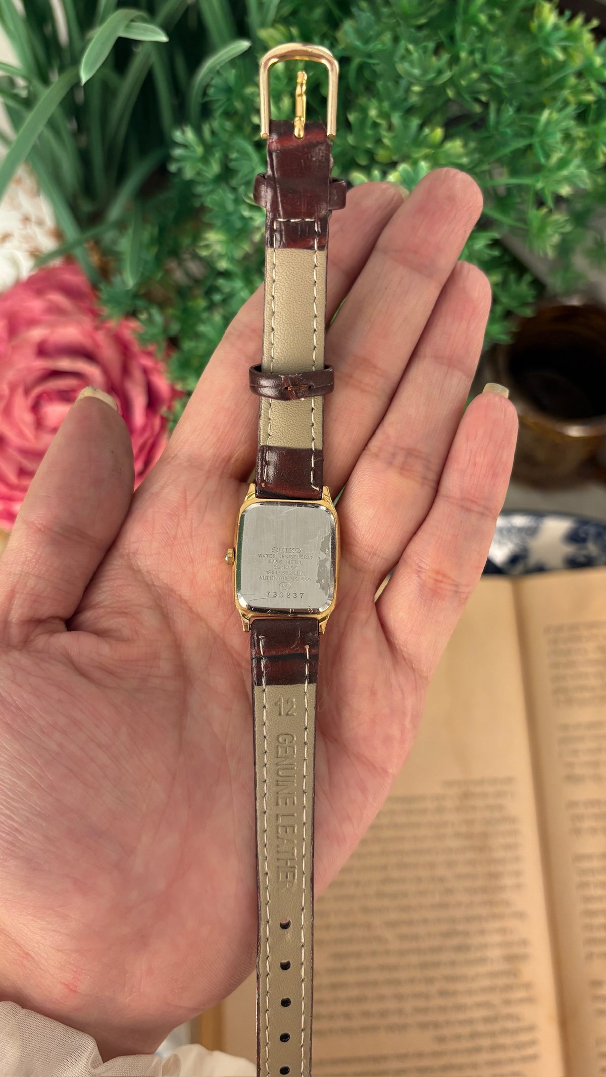 Rare Dainty Vintage Seiko Spirit Mini Tank Watch in Gold Tone Brown Leather Quartz