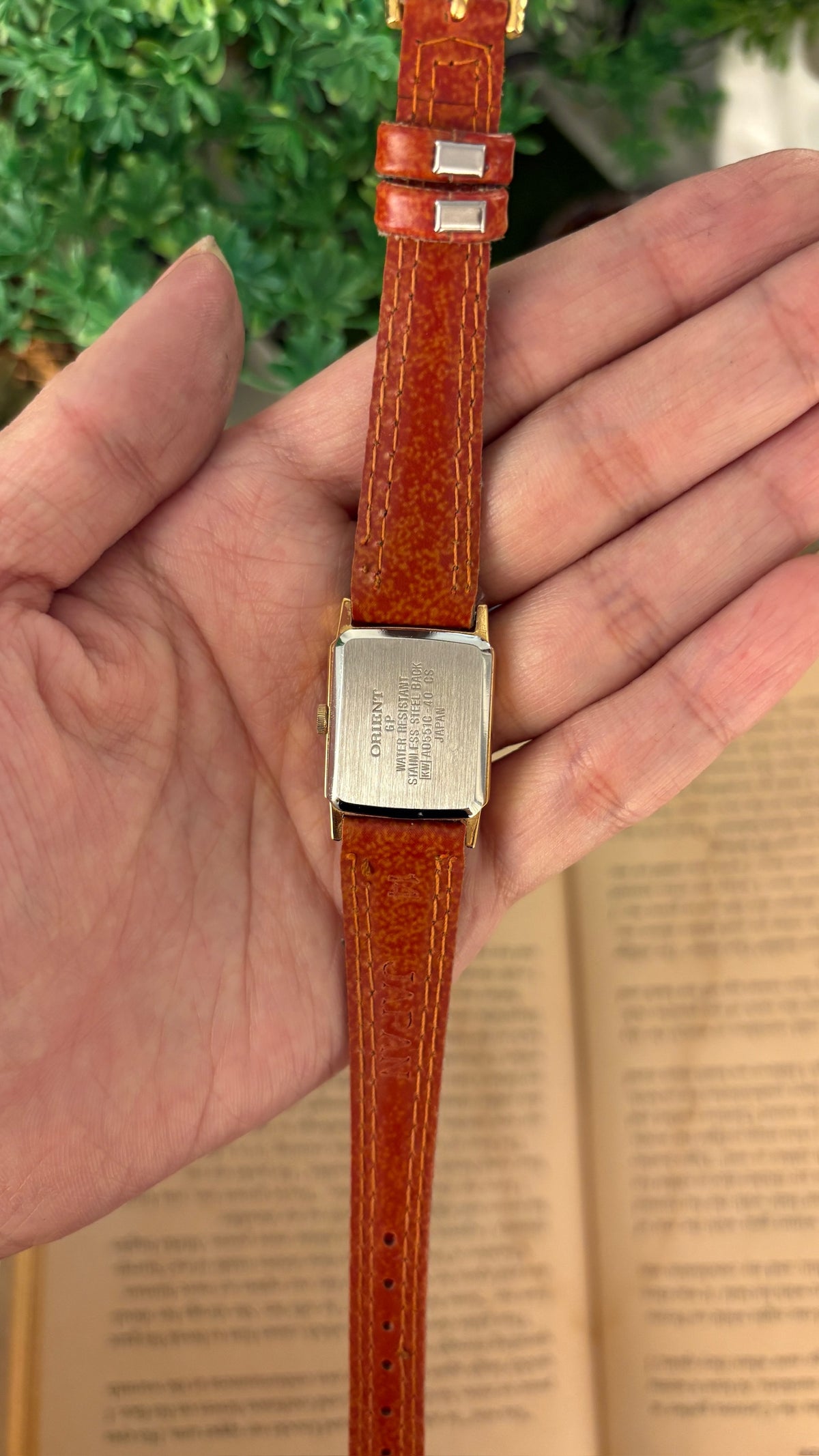 Rare Dainty Vintage Orient Seiko Tank Watch in Gold Tone Brown Leather Quartz