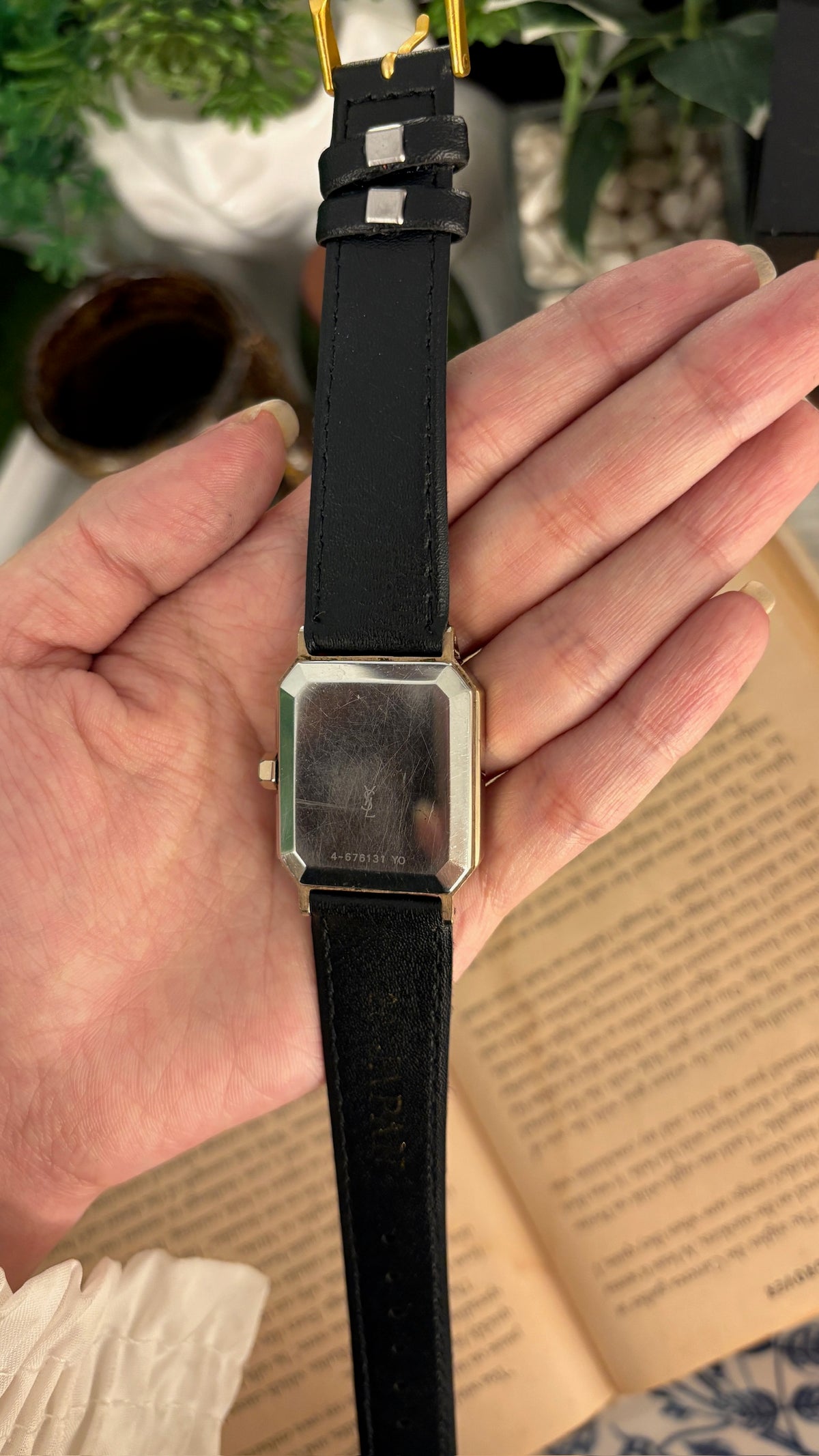 Rare Vintage YSL Swiss Manual Wind Tank Burgundy Watch in Gold Tone Brown Leather