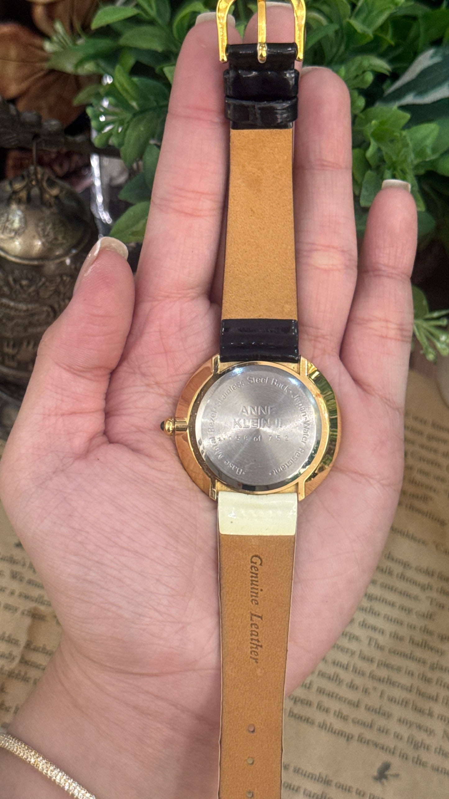Rare Vintage Anne Klein II Engraved Bezel Watch in Gold Tone Black and White Leather Quartz