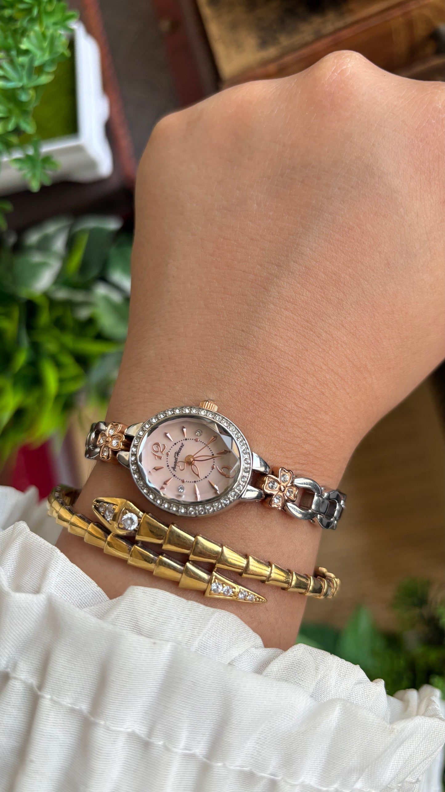 Vintage Angel Heart Coquette Bejeweled Watch in Two-Tone Pink Pearl Dial