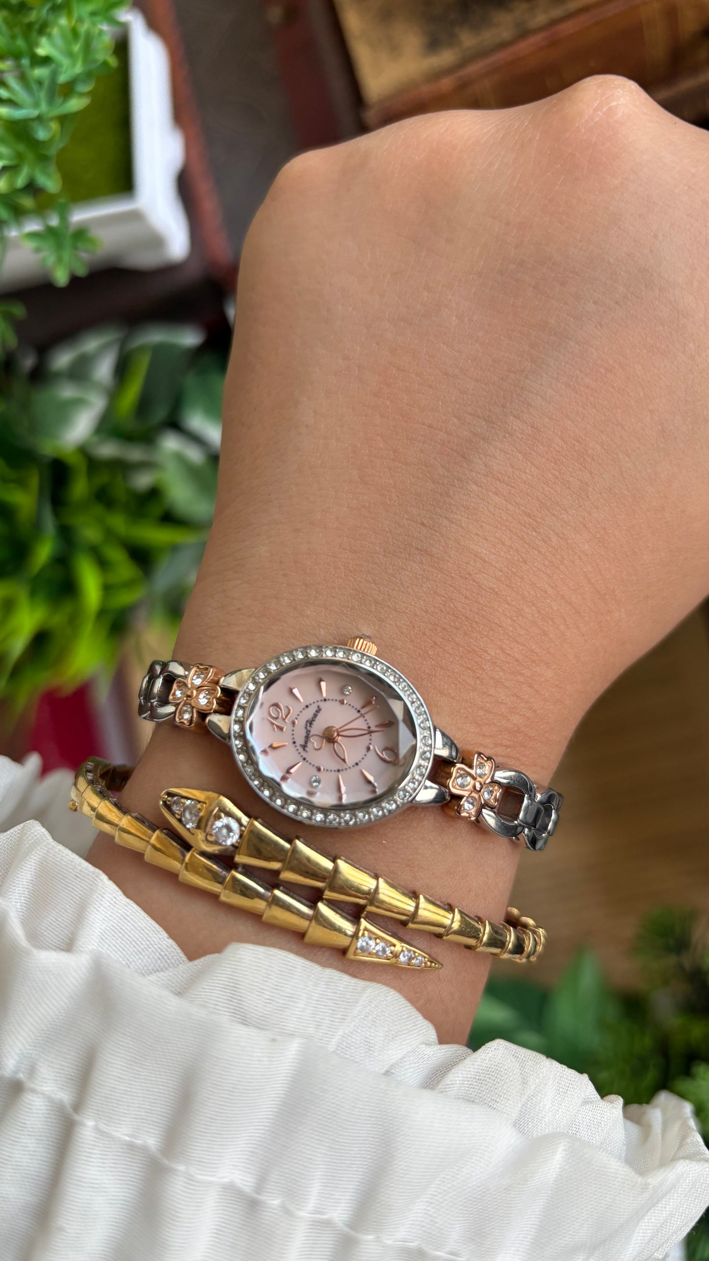 Vintage Angel Heart Coquette Bejeweled Watch in Two-Tone Pink Pearl Dial