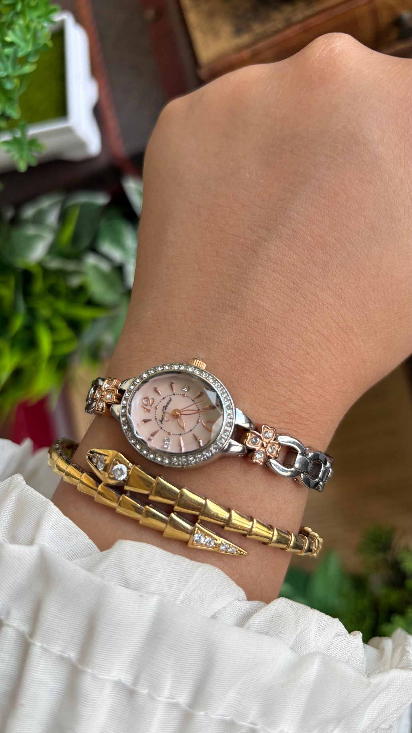Vintage Angel Heart Coquette Bejeweled Watch in Two-Tone Pink Pearl Dial