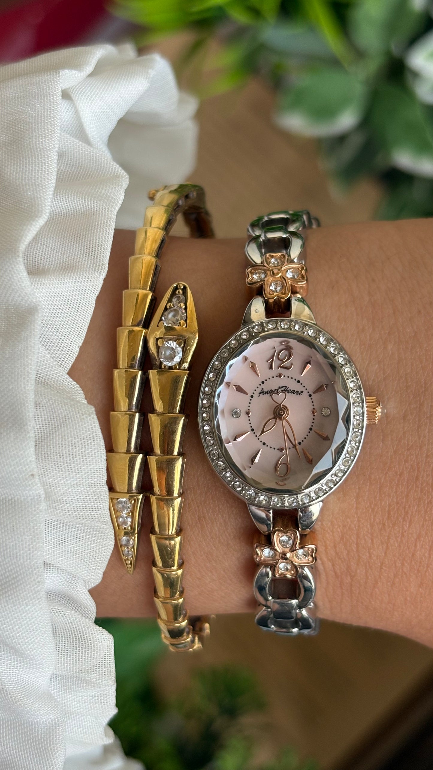 Vintage Angel Heart Coquette Bejeweled Watch in Two-Tone Pink Pearl Dial