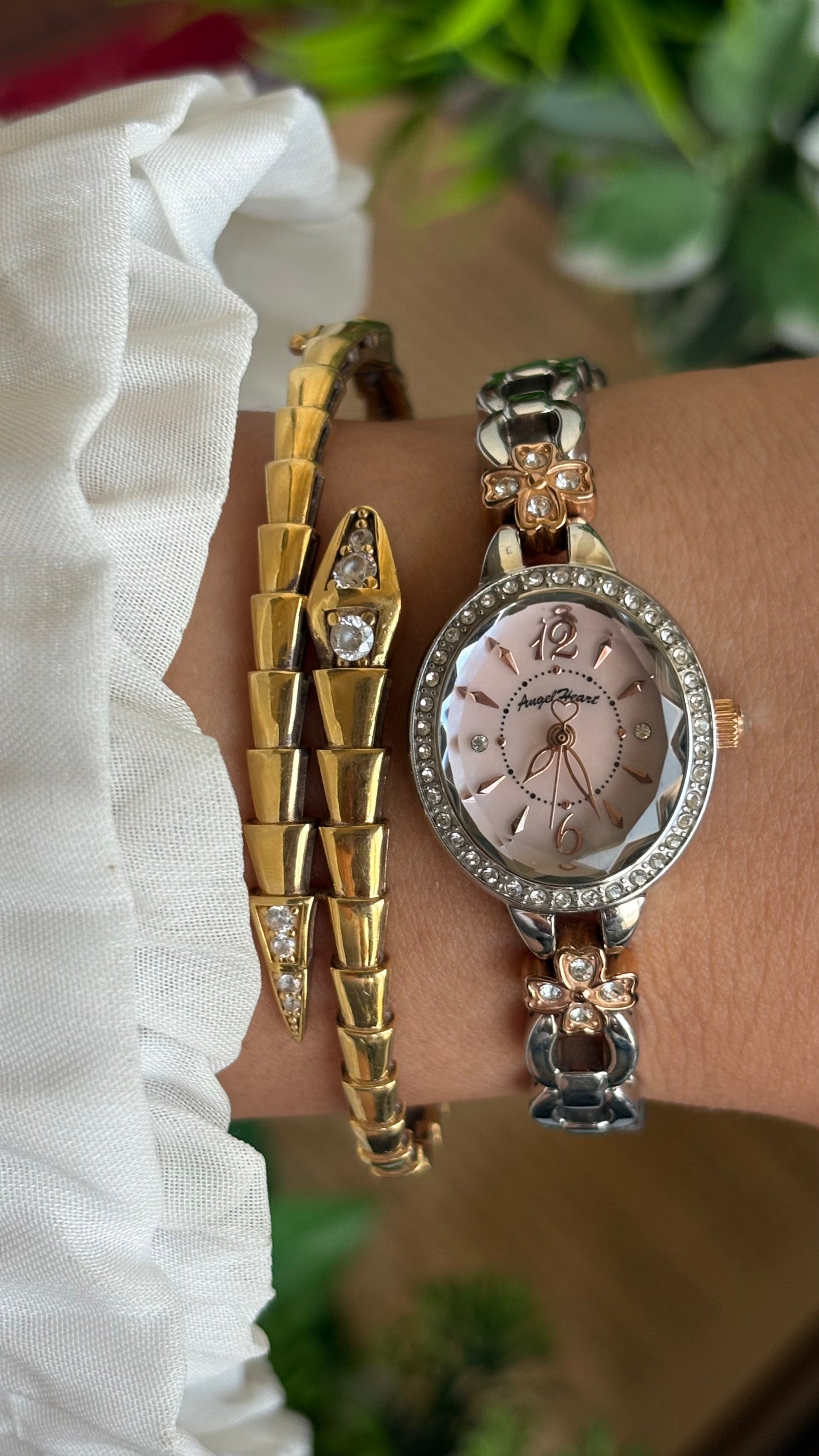 Vintage Angel Heart Coquette Bejeweled Watch in Two-Tone Pink Pearl Dial