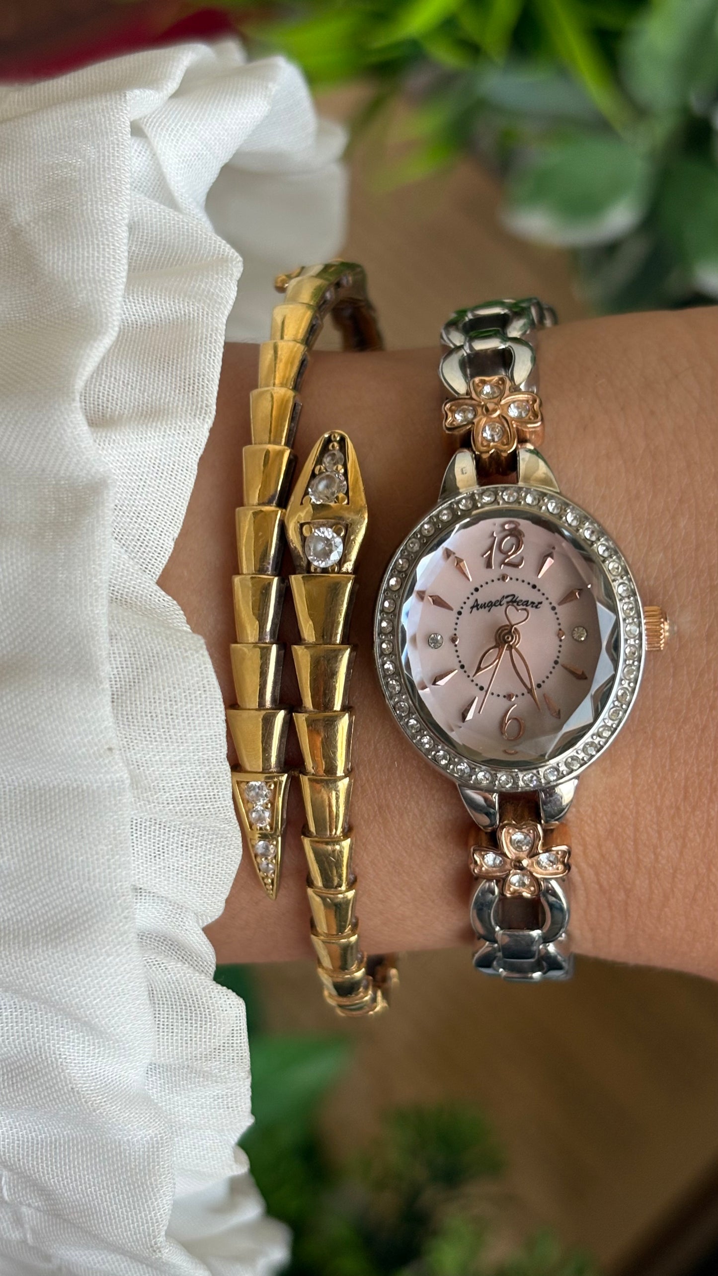 Vintage Angel Heart Coquette Bejeweled Watch in Two-Tone Pink Pearl Dial