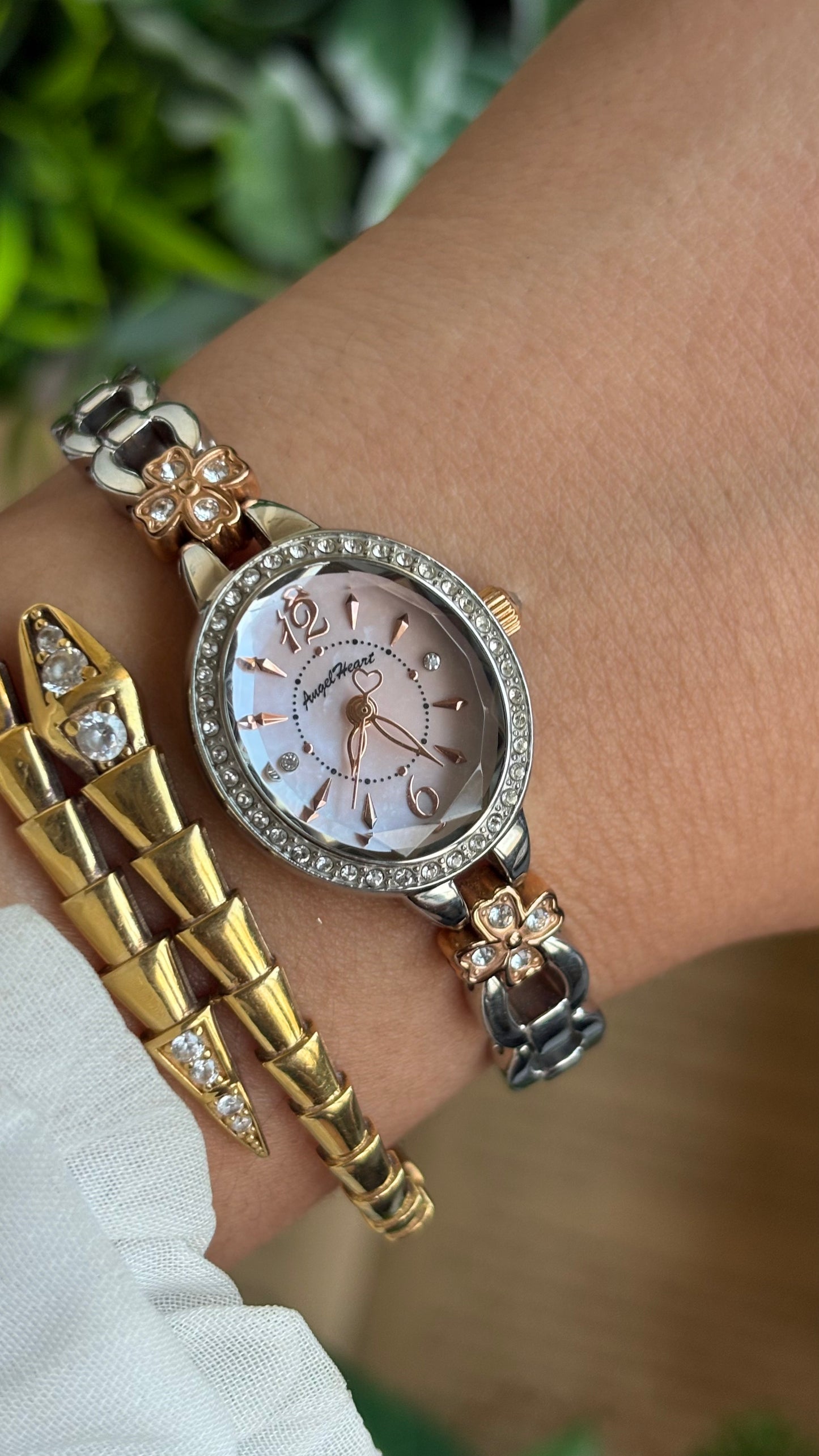 Vintage Angel Heart Coquette Bejeweled Watch in Two-Tone Pink Pearl Dial