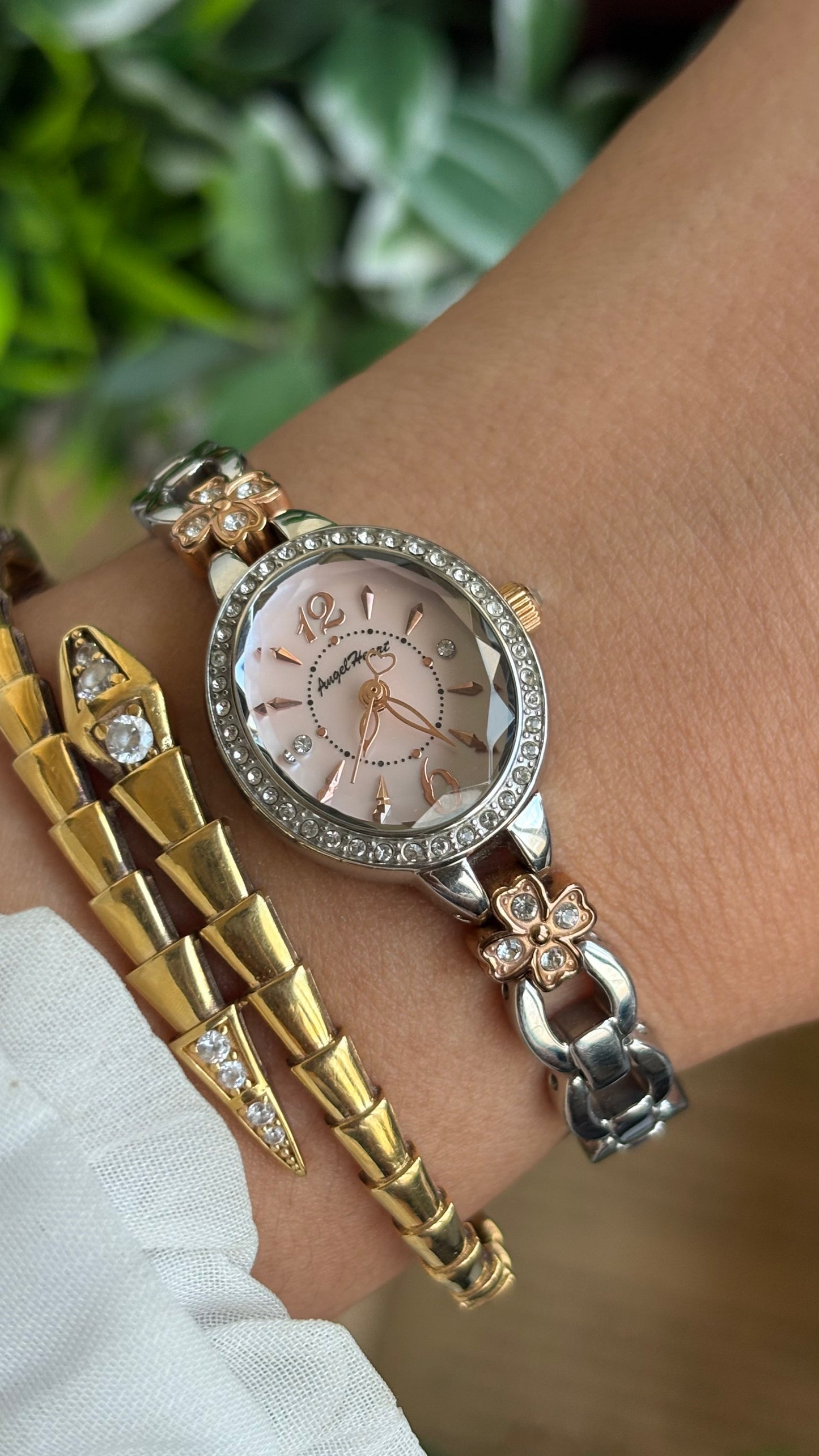 Vintage Angel Heart Coquette Bejeweled Watch in Two-Tone Pink Pearl Dial