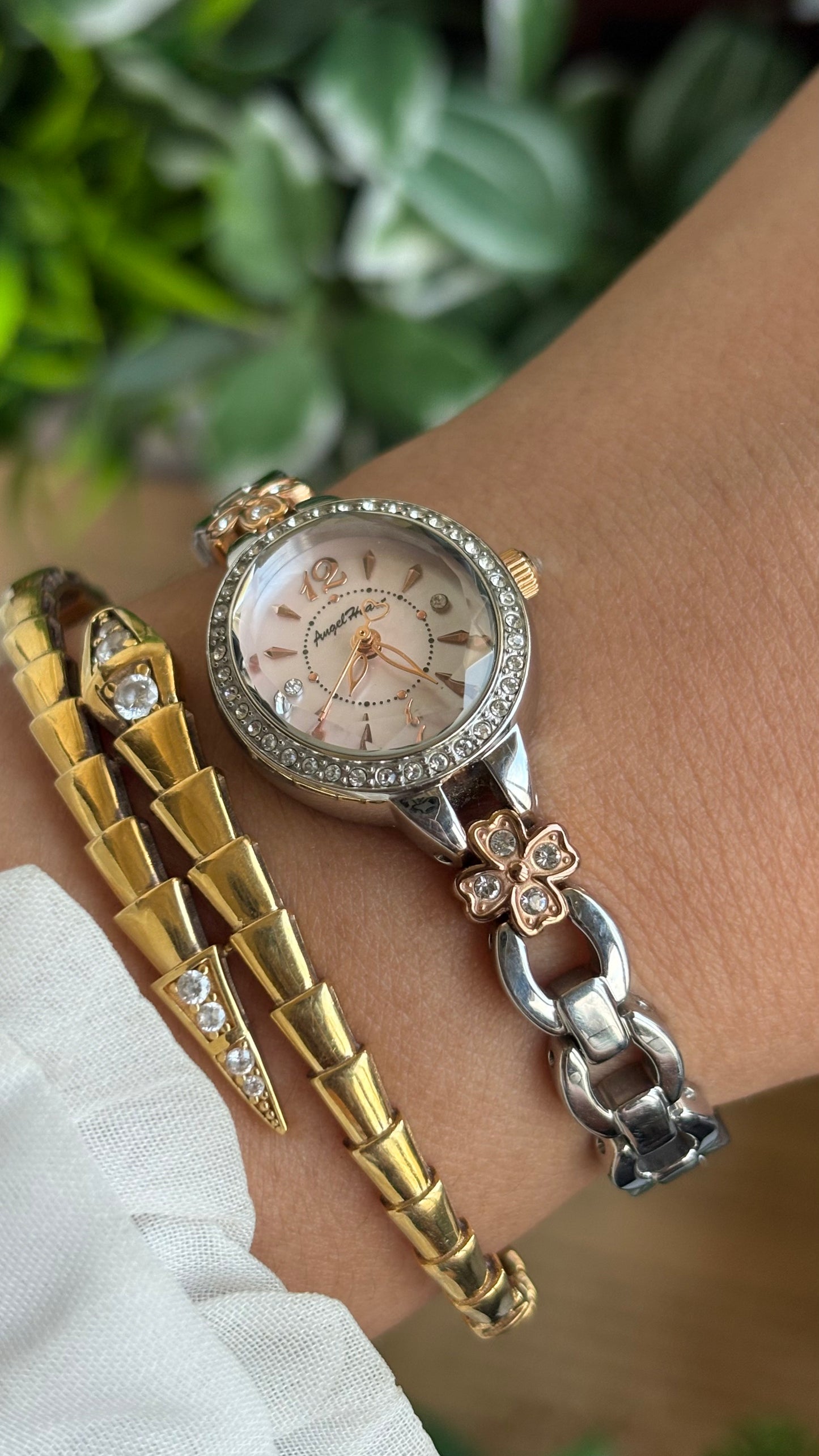Vintage Angel Heart Coquette Bejeweled Watch in Two-Tone Pink Pearl Dial