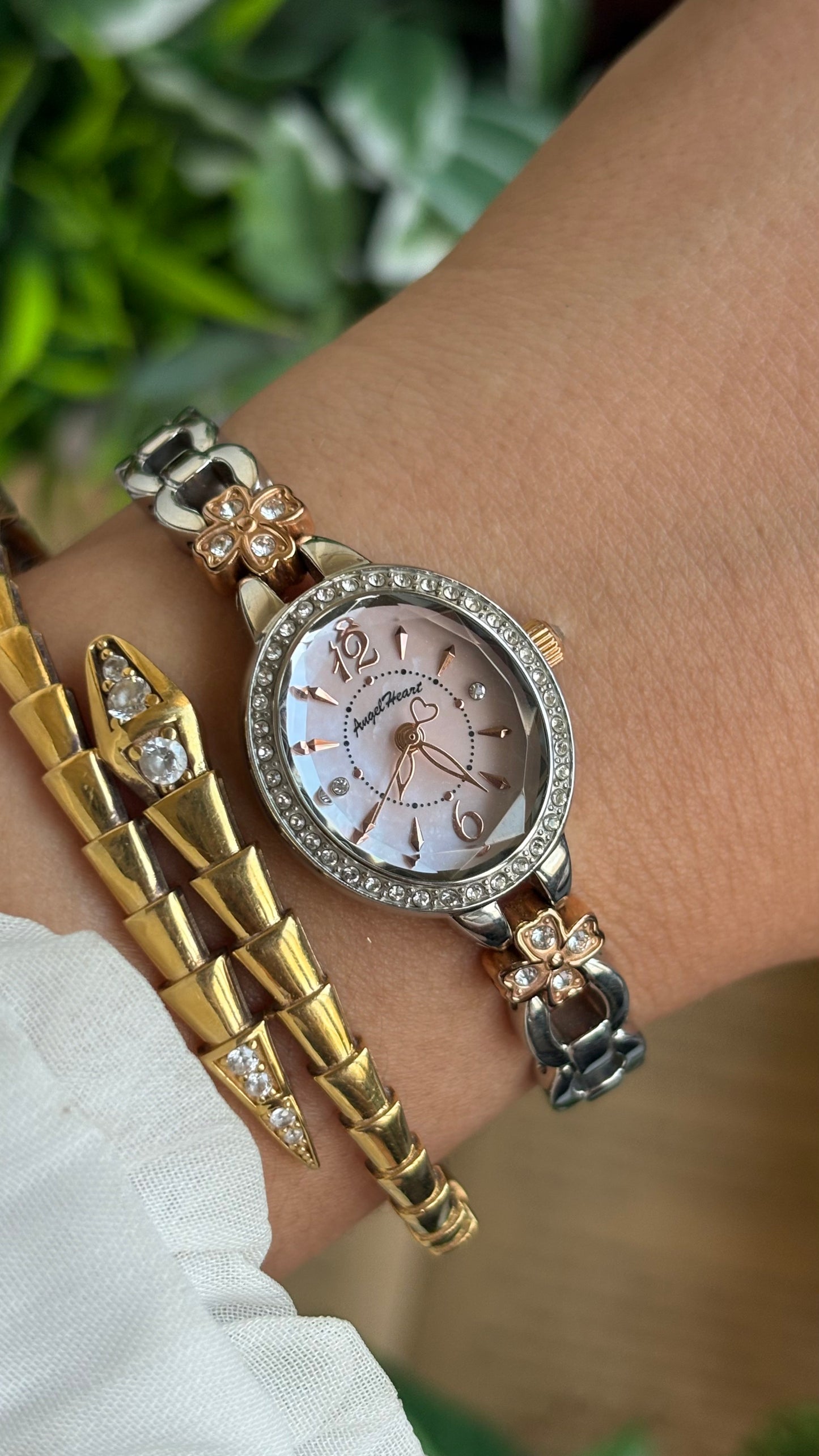 Vintage Angel Heart Coquette Bejeweled Watch in Two-Tone Pink Pearl Dial