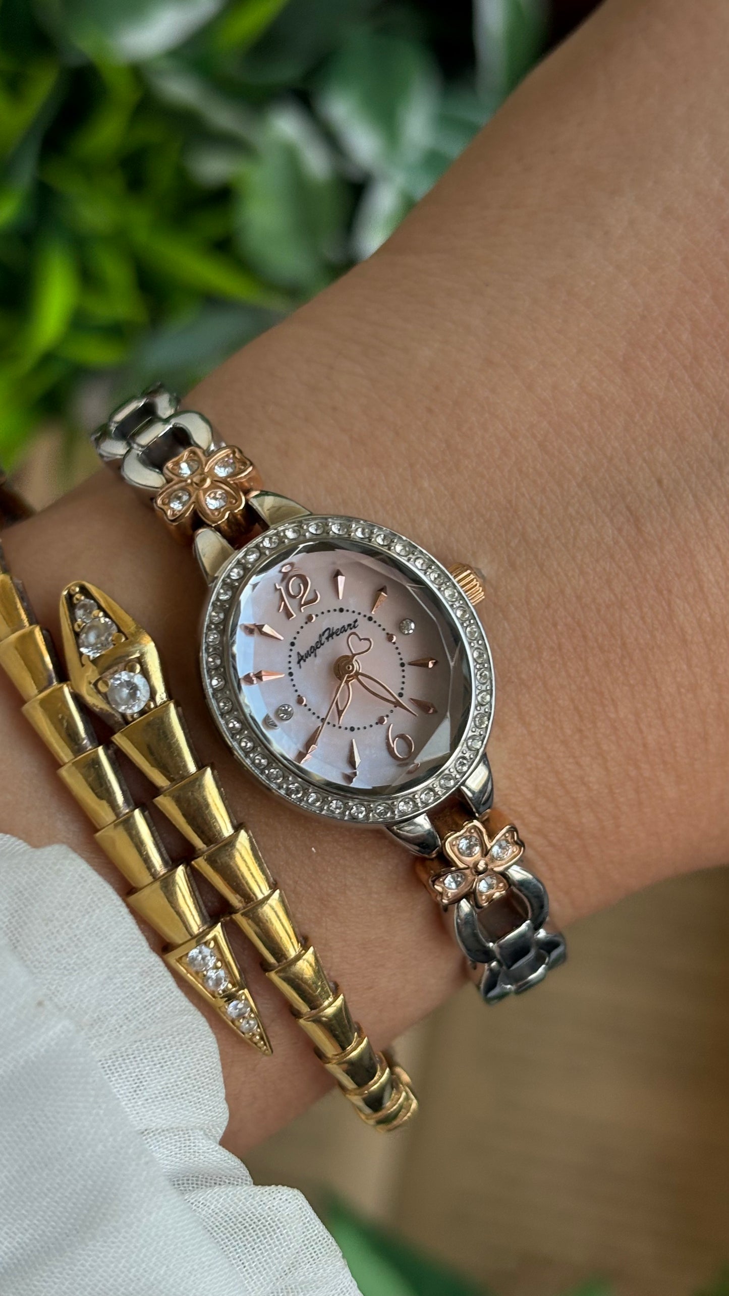 Vintage Angel Heart Coquette Bejeweled Watch in Two-Tone Pink Pearl Dial