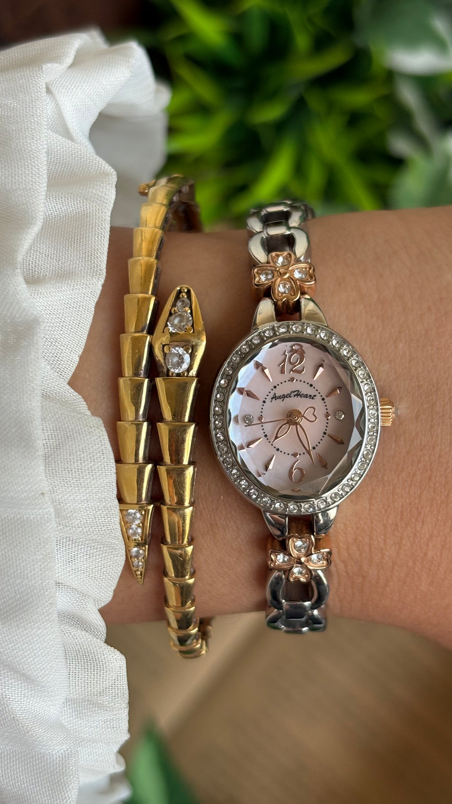 Vintage Angel Heart Coquette Bejeweled Watch in Two-Tone Pink Pearl Dial