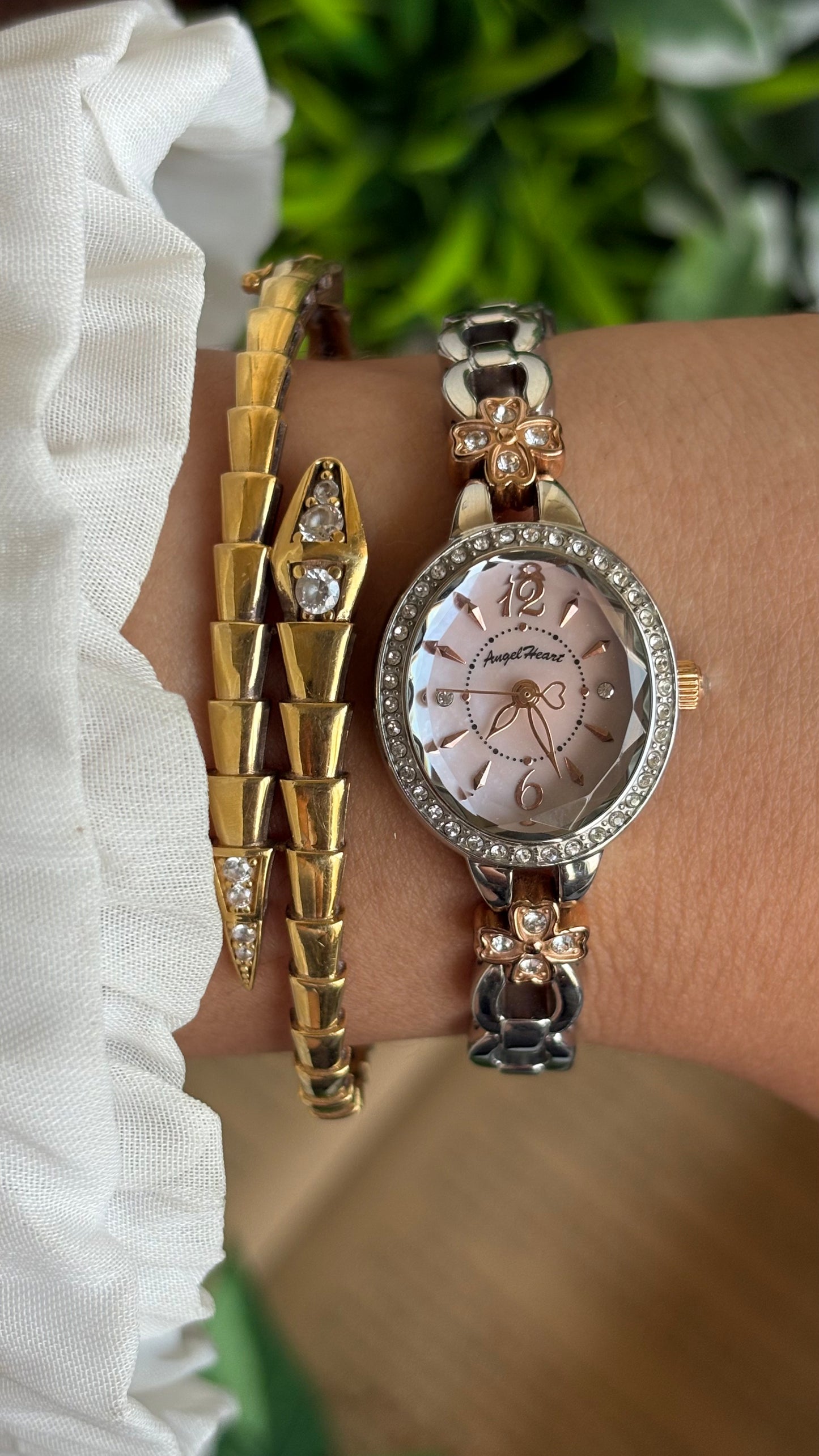 Vintage Angel Heart Coquette Bejeweled Watch in Two-Tone Pink Pearl Dial